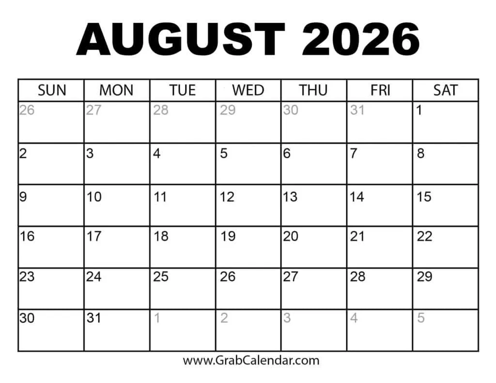 August Through December 2026 Printable Calendars