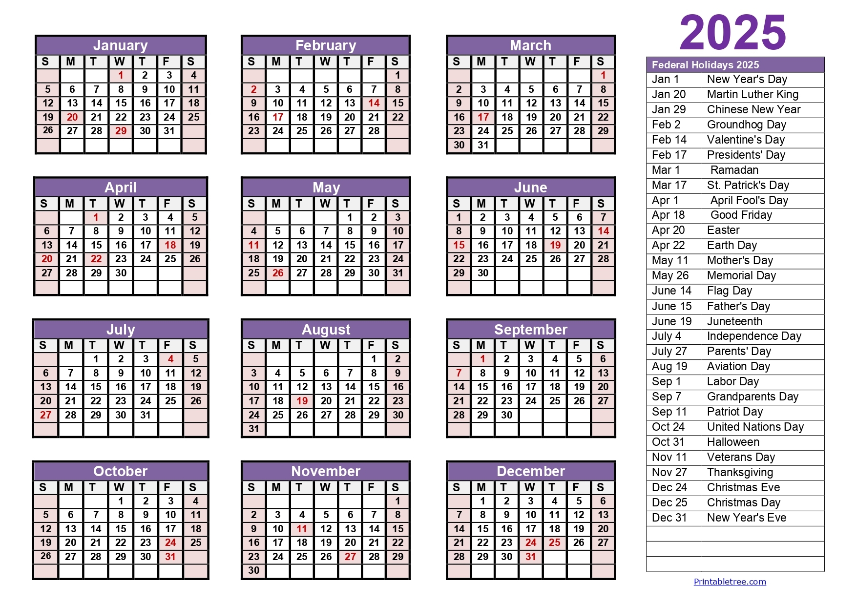 Blank 2025 Printable Calendar With Holidays