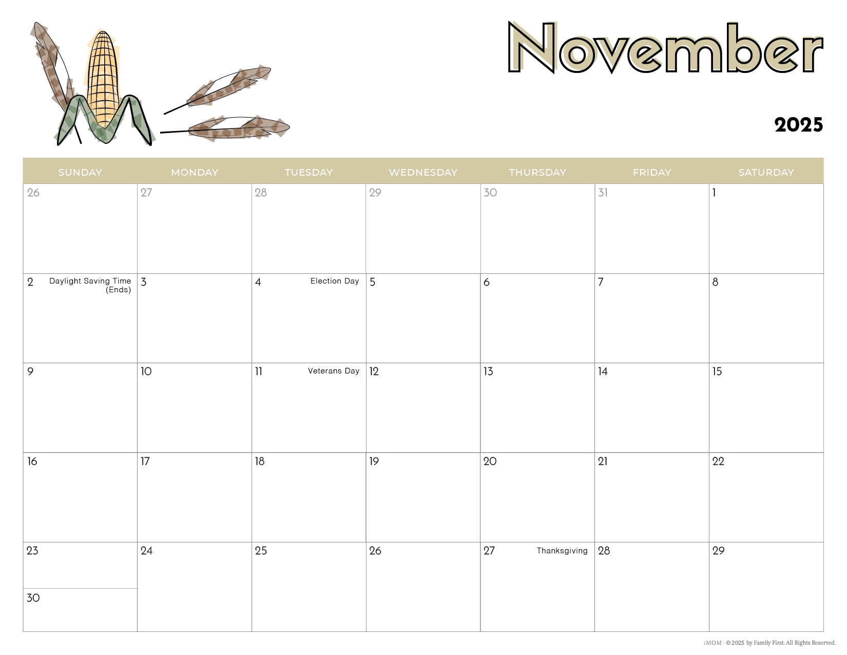 Kids Printable November Calendar