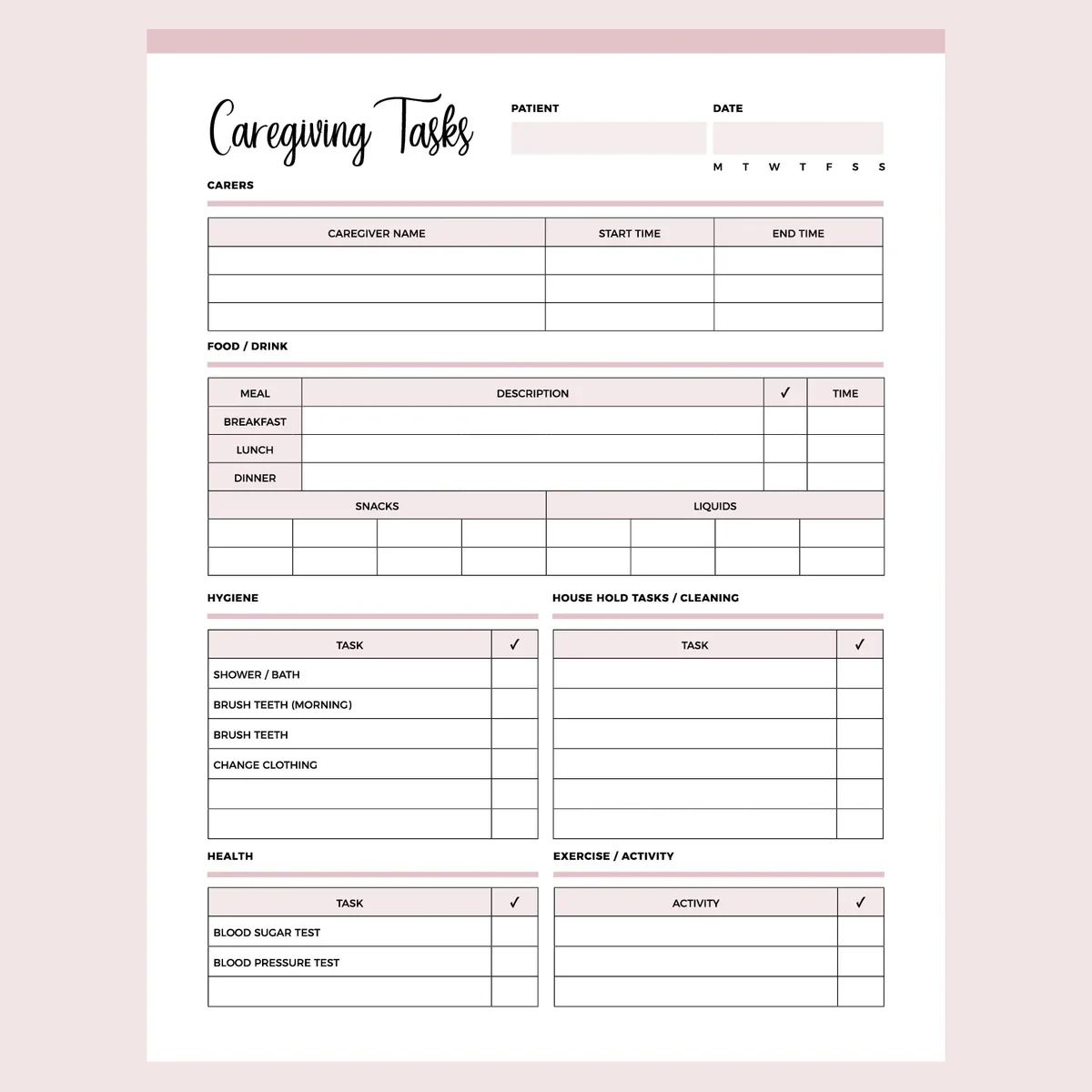 Free Printable Caregiver Daily Checklist Template