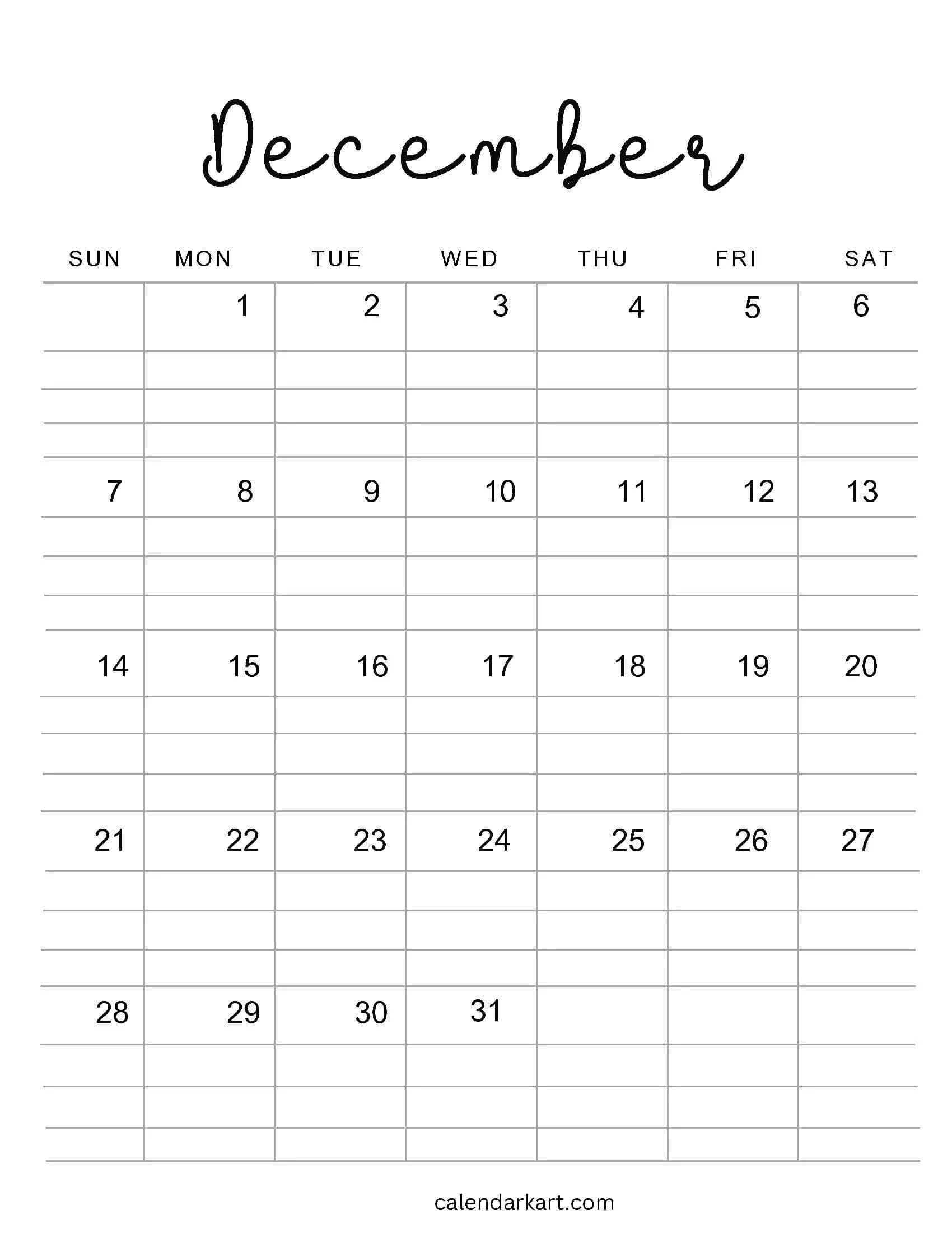 Printable December 2025 Calendars Free Pdf CalendarKart