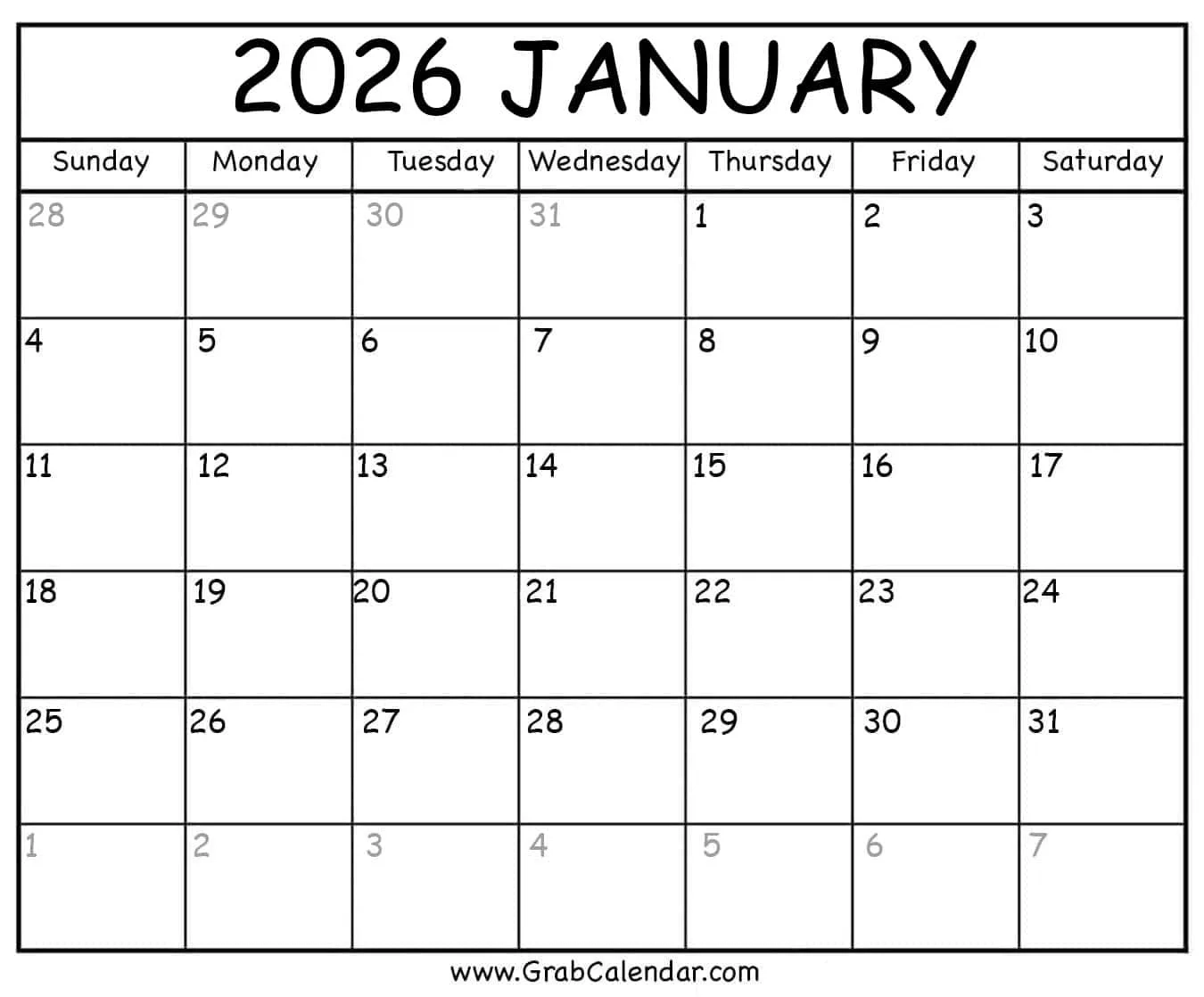 Blank Calendar Printables 2026