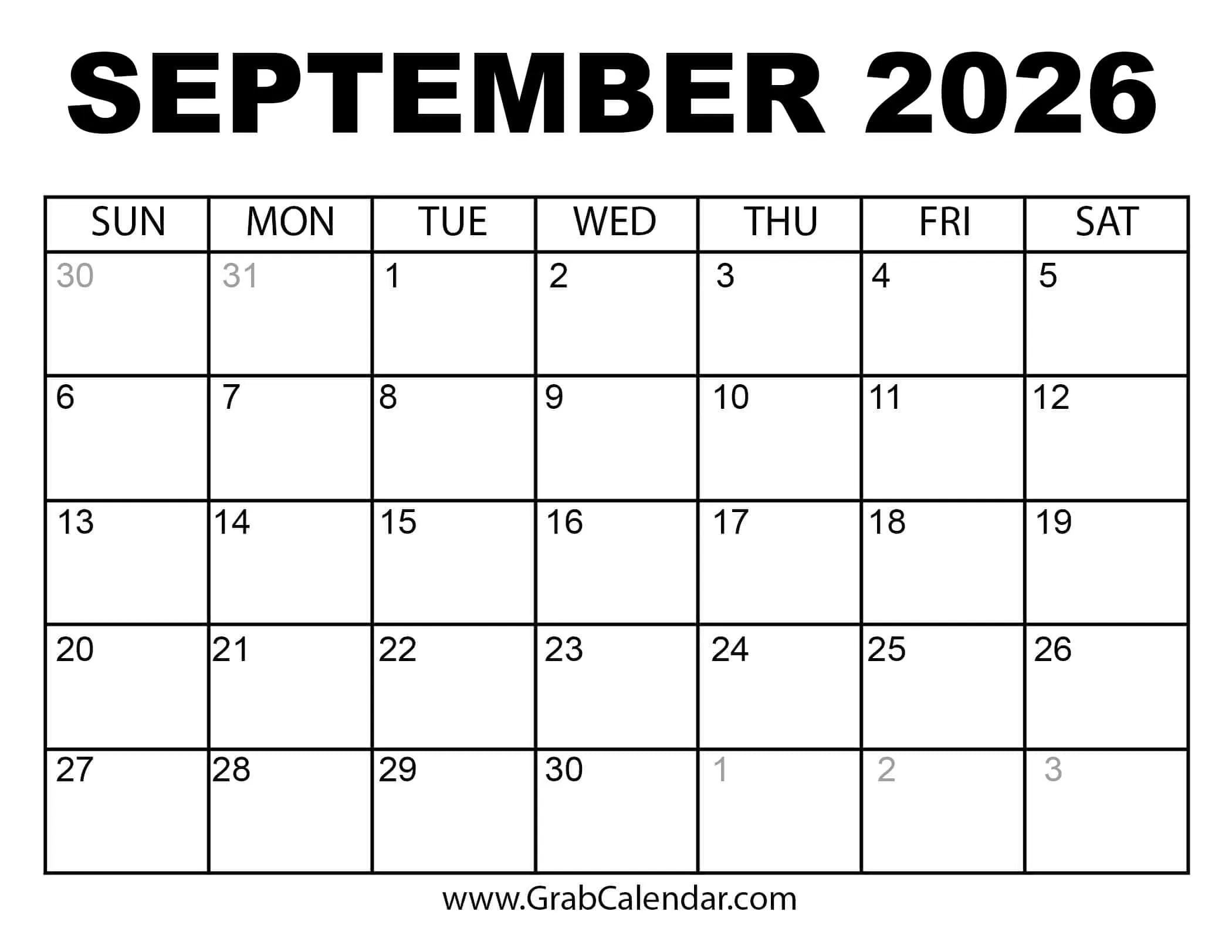 September Through December 2026 Calendar Printable