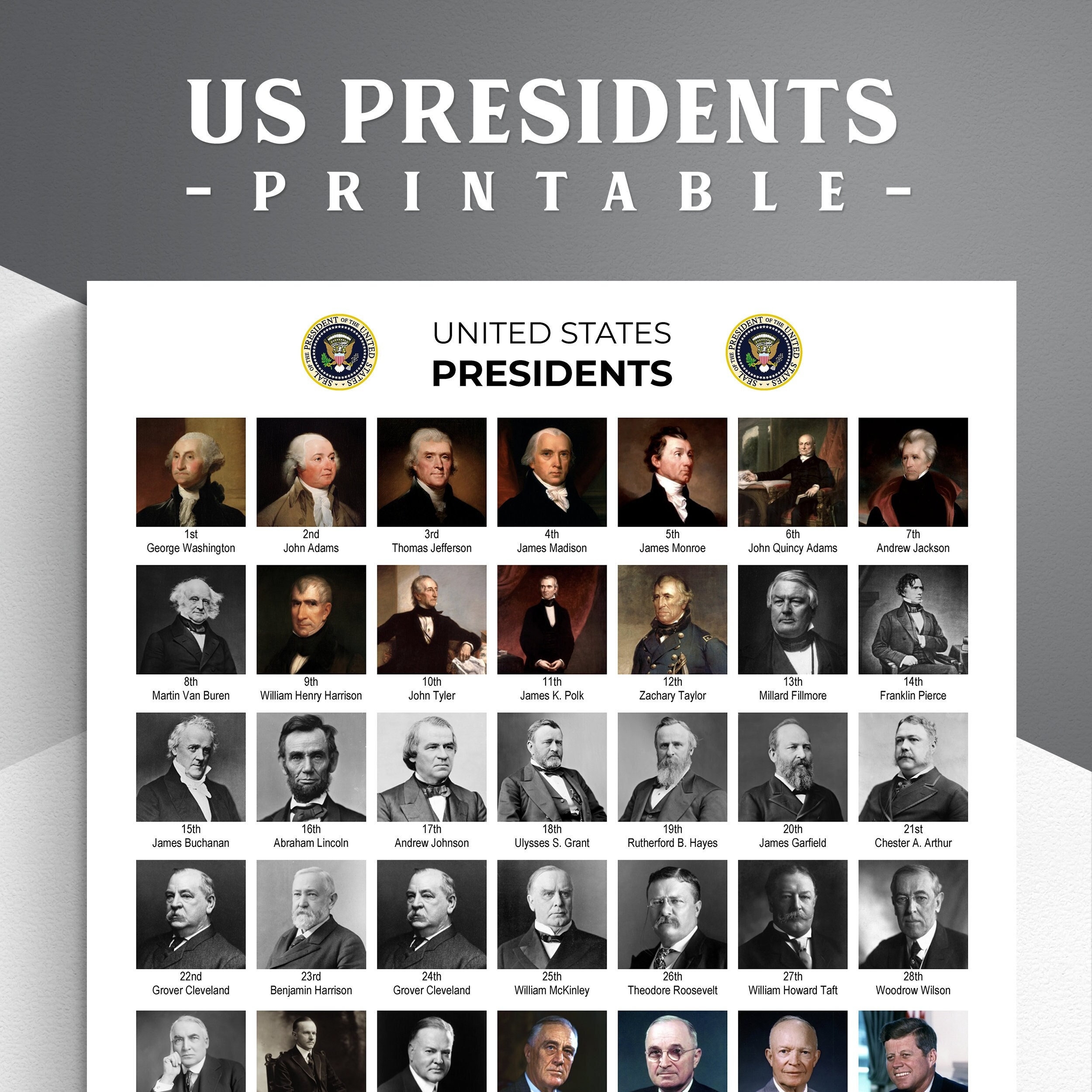 Printable United States Presidents Sheet American History 