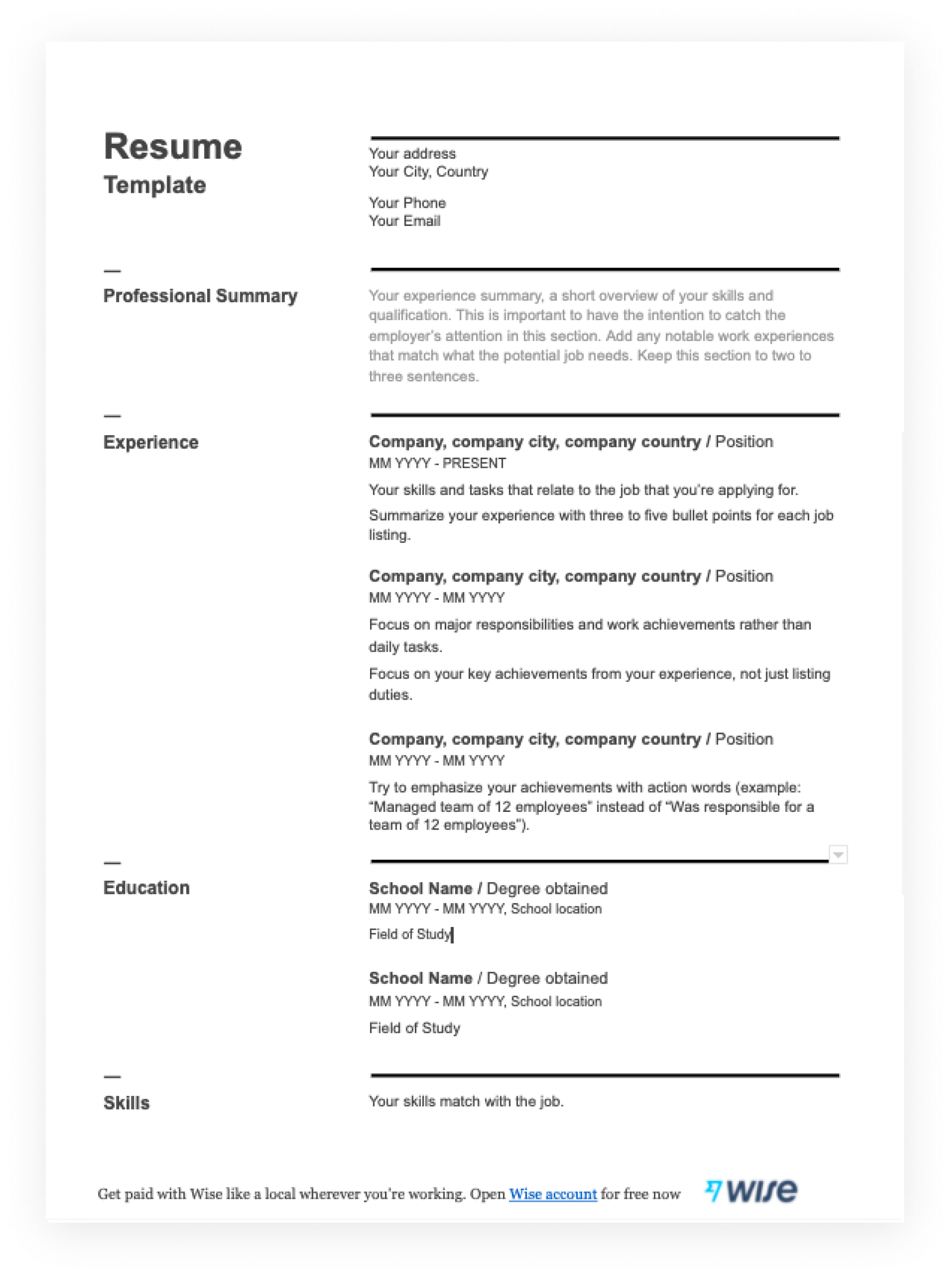 Resume Template Printable