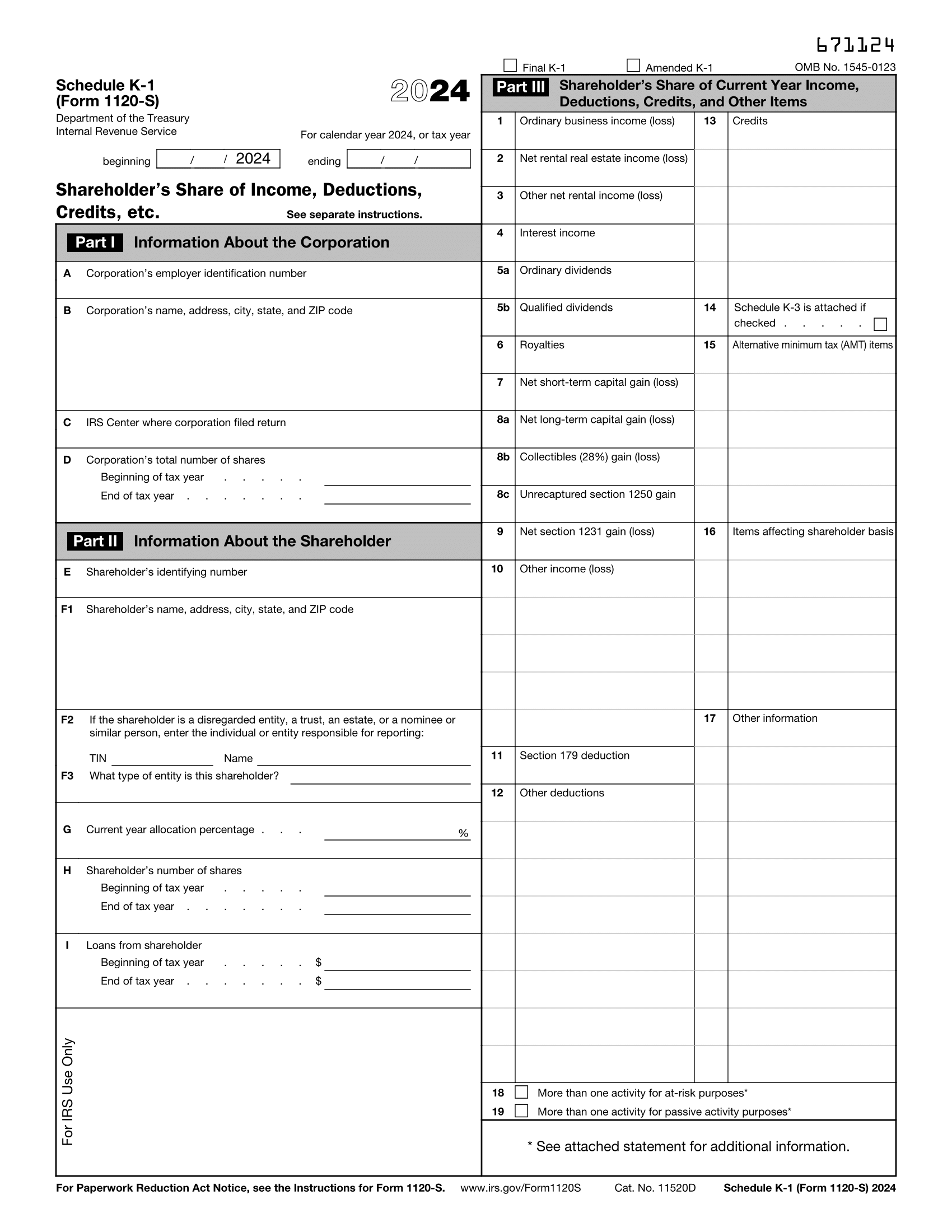 Irs Form K-1 2024 Fillable