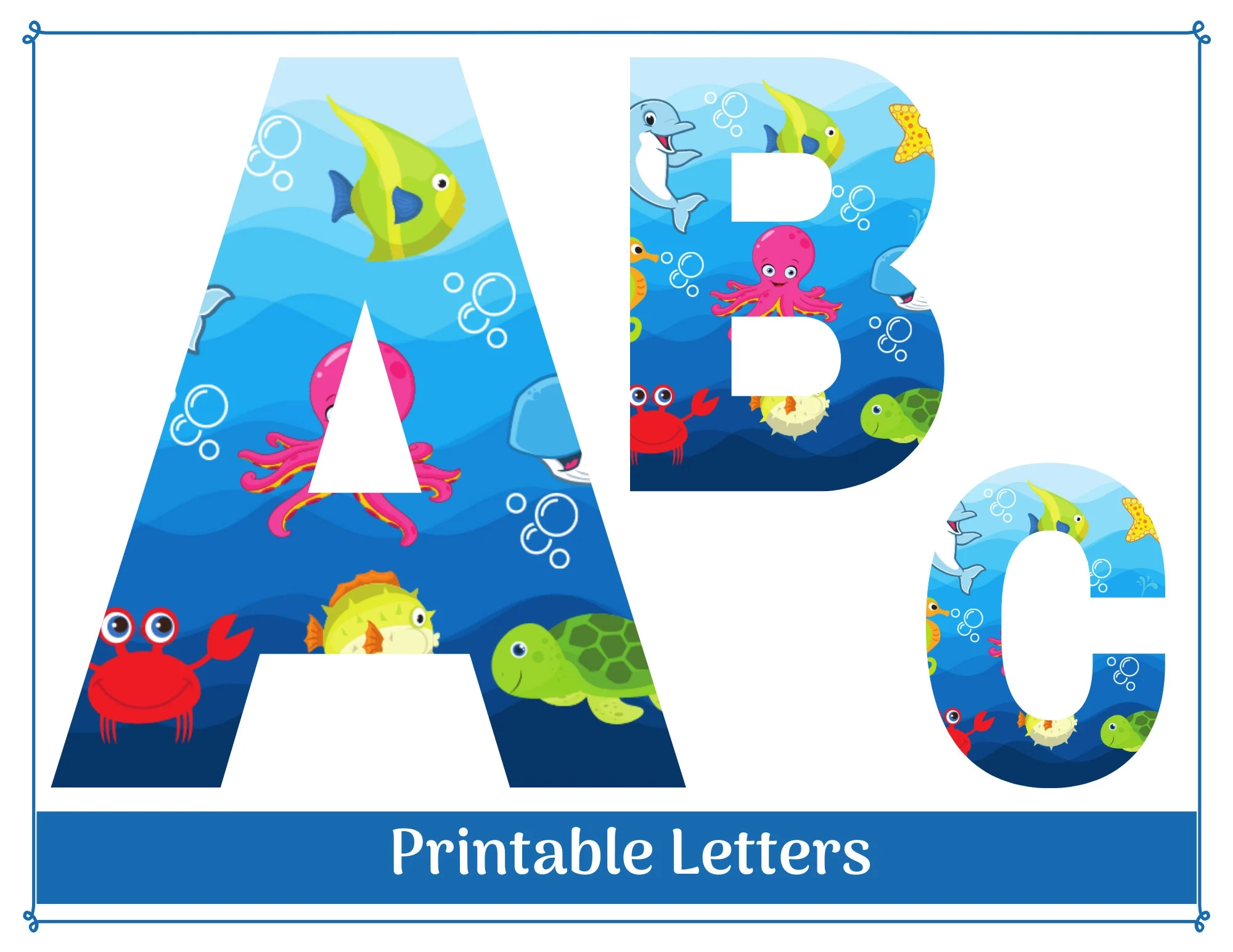 Sea Life Alphabet Clip Art A Z 0 9 Printable Letters digital 