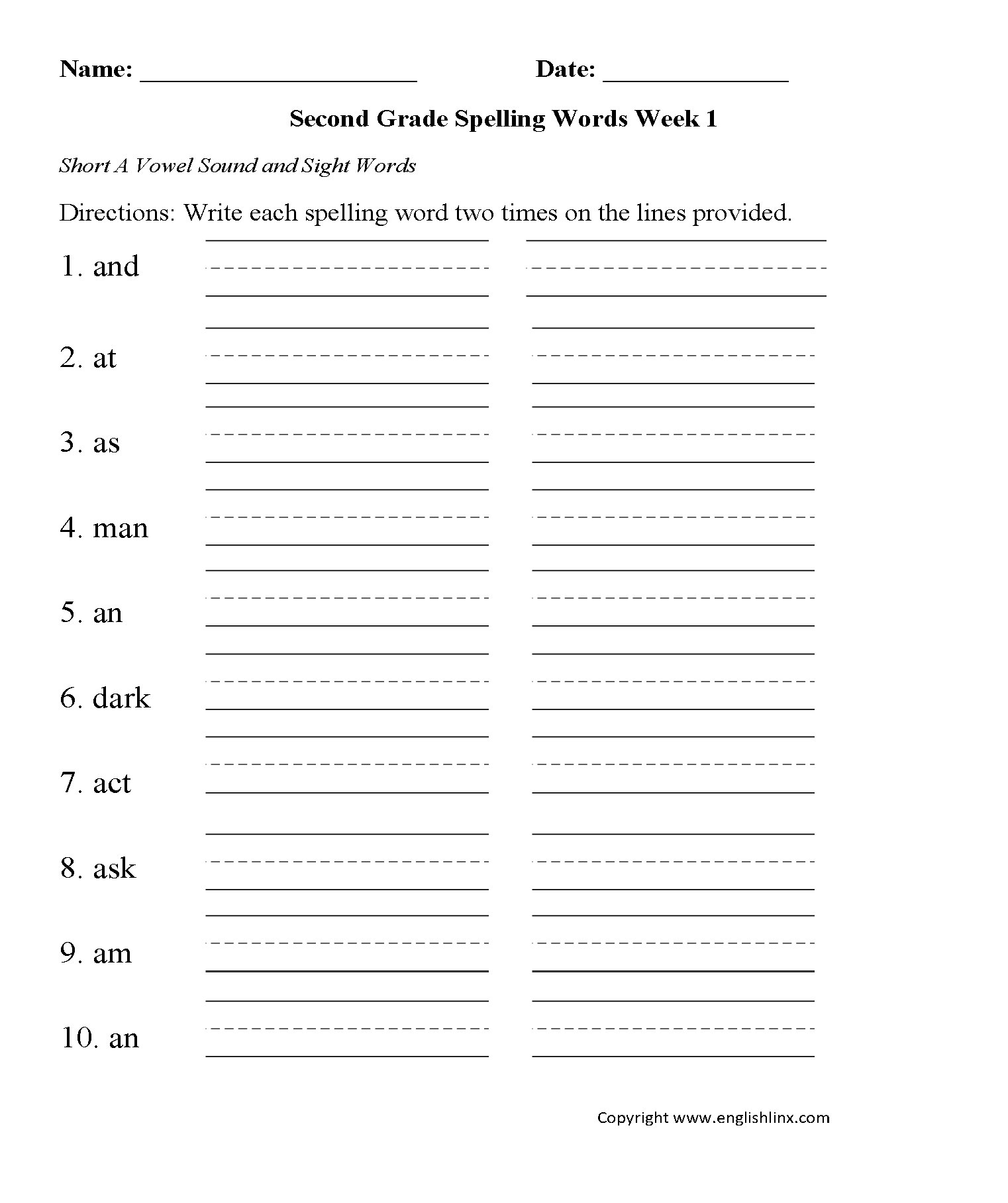 Printable Worksheets For 2nd Grade Spelling