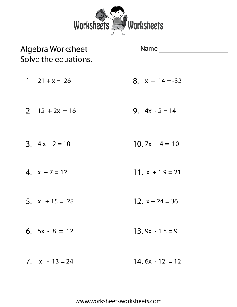 Simple Algebra Worksheet Worksheets Worksheets Worksheets Library