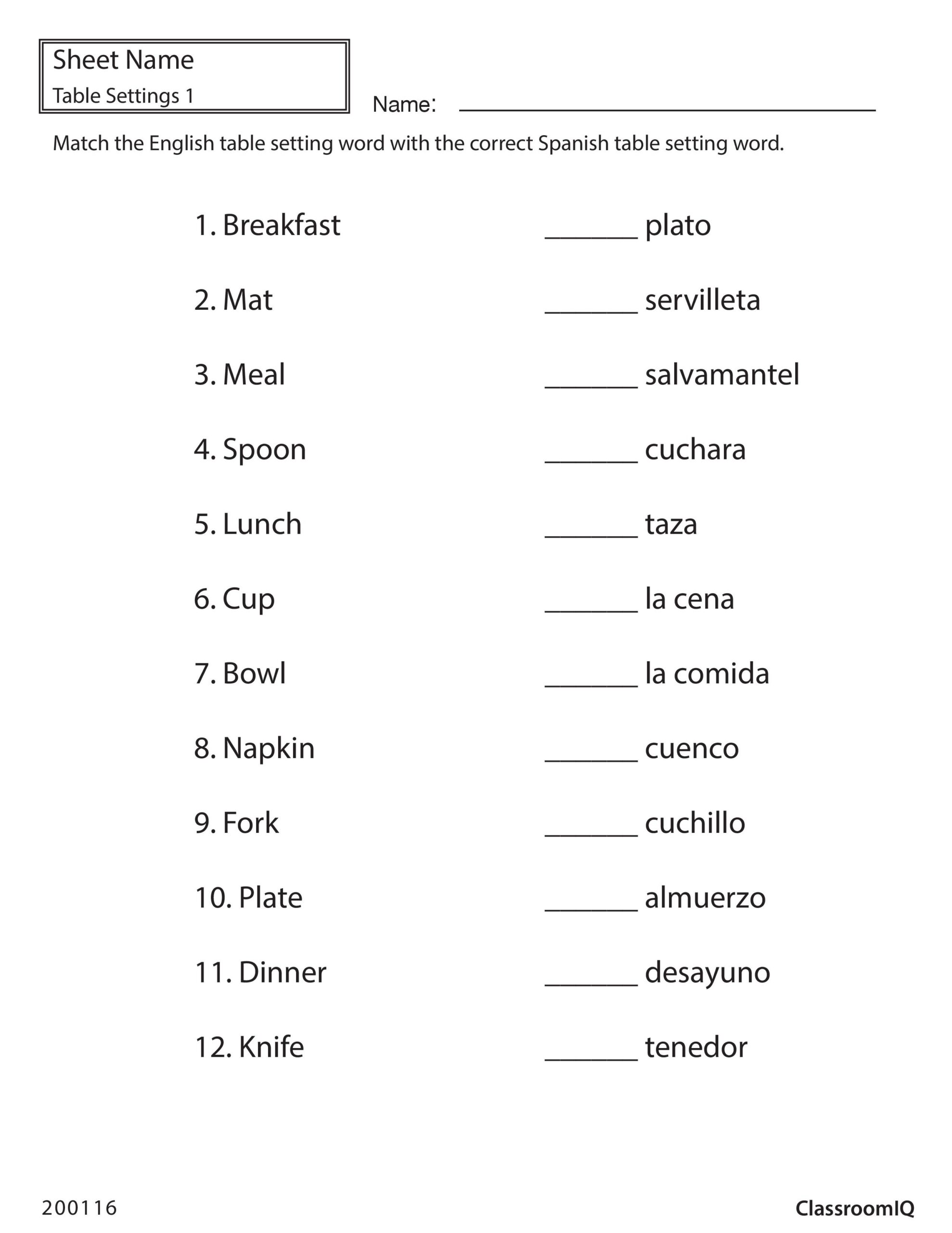 Spanish To English Word Number Matching Worksheet Miniature 