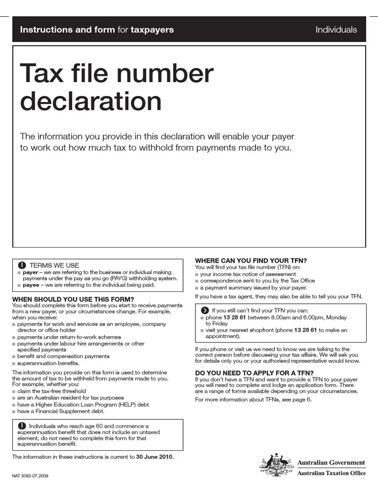 Tax File Number Declaration Form Nat 3092