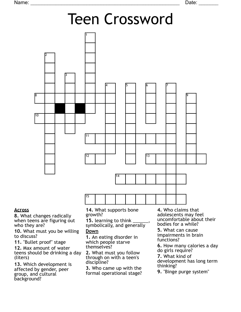 Teen Crossword WordMint Worksheets Library