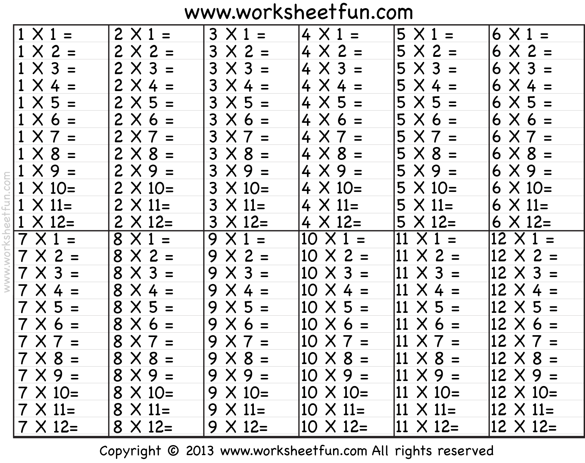 Times Table 2 12 Worksheets 1 2 3 4 5 6 7 8 9 10 11 