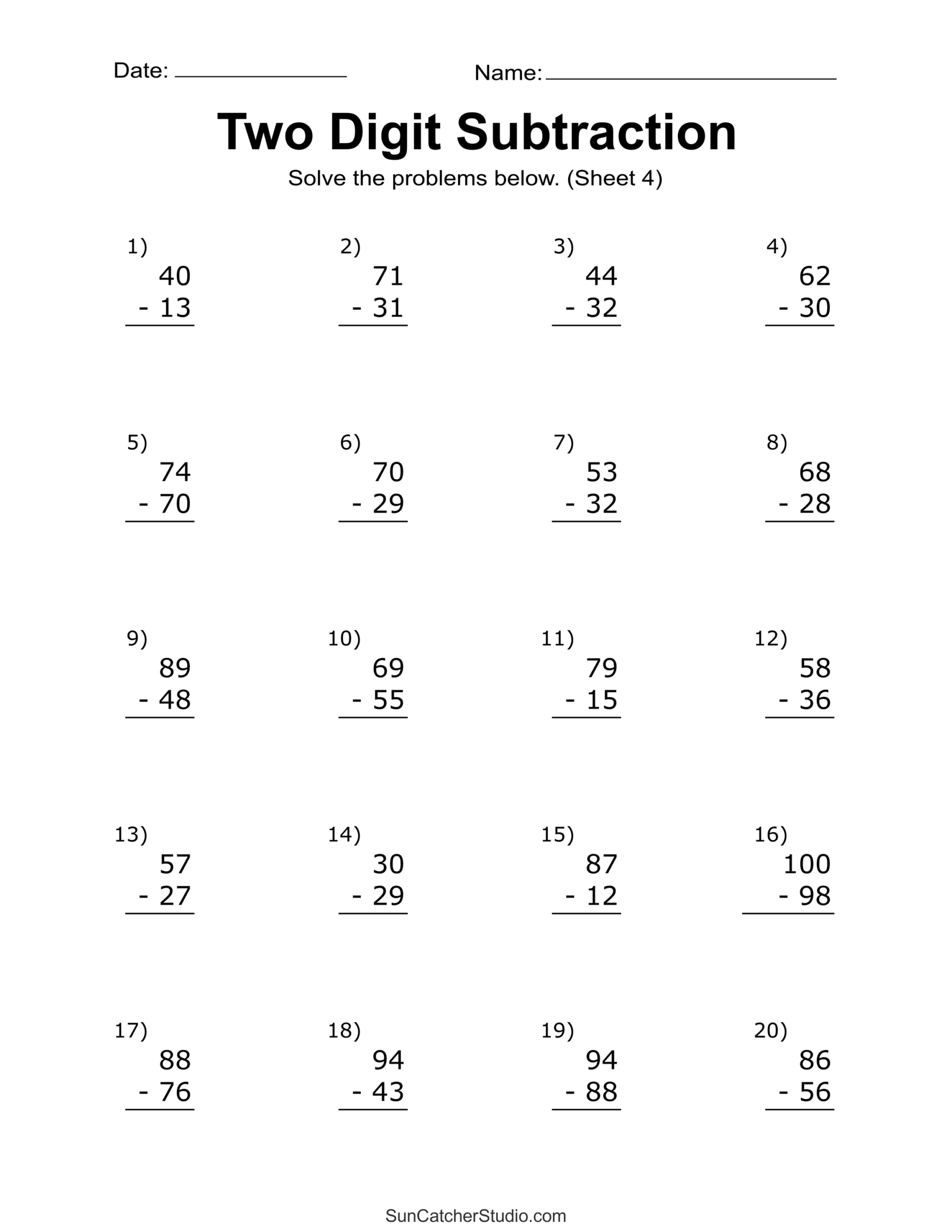 Free Printable Math Worksheets Subtraction