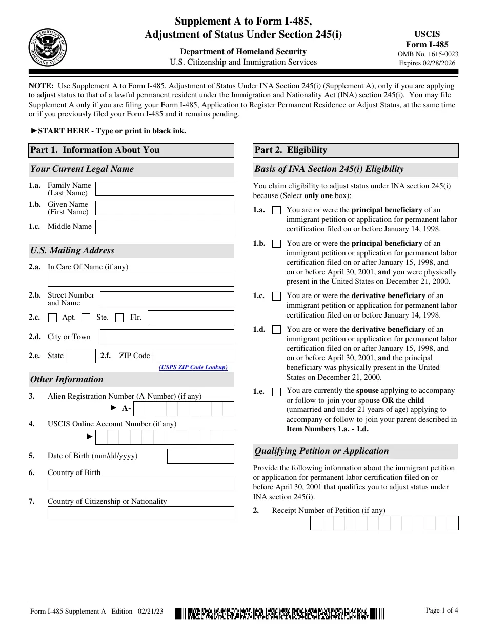 USCIS Form I 485 Supplement A Download Fillable PDF Or Fill Online 