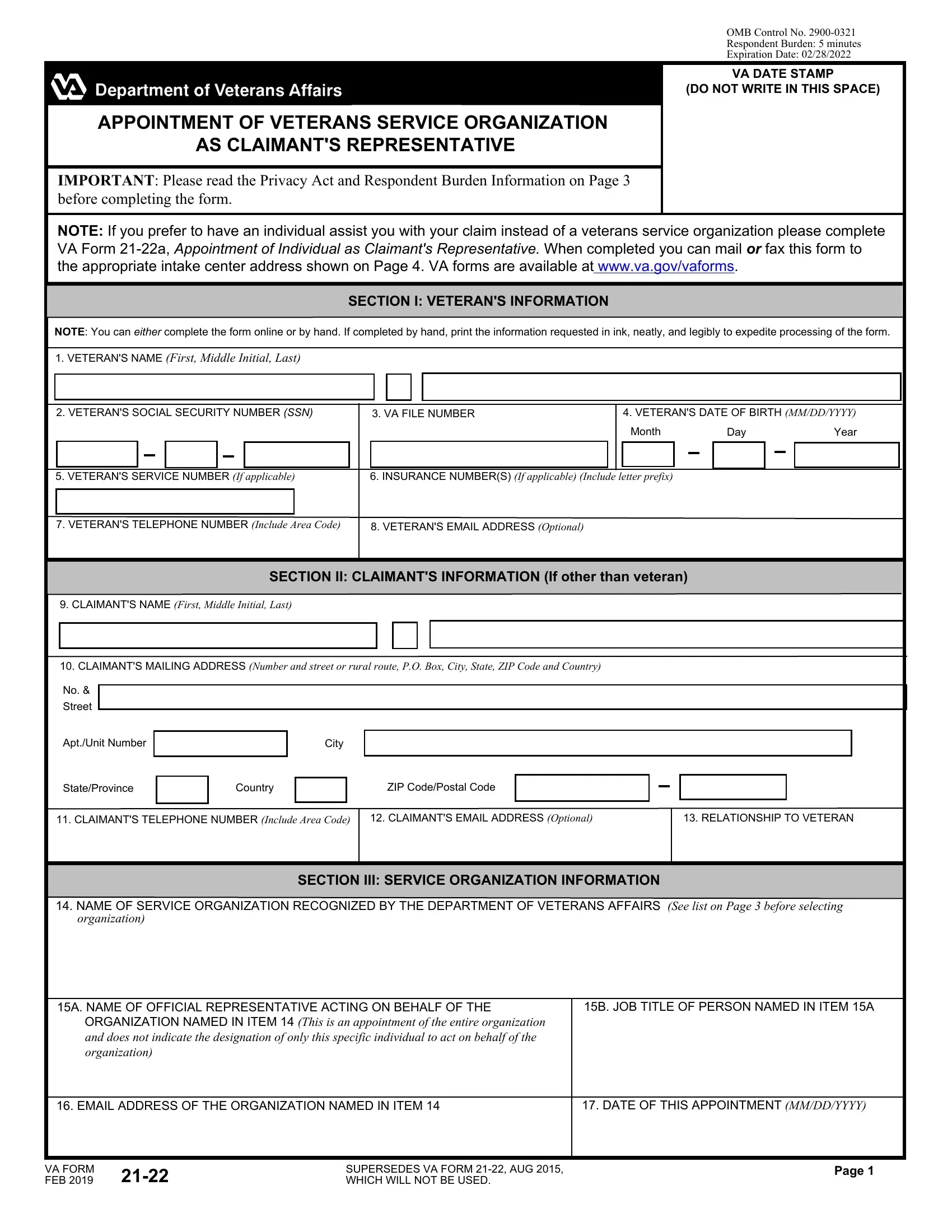Va Form 21 22 Fill Out Printable PDF Forms Online