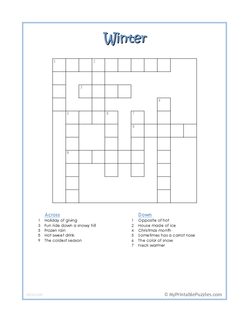 Beginning Themed Printable Crossword Puzzles