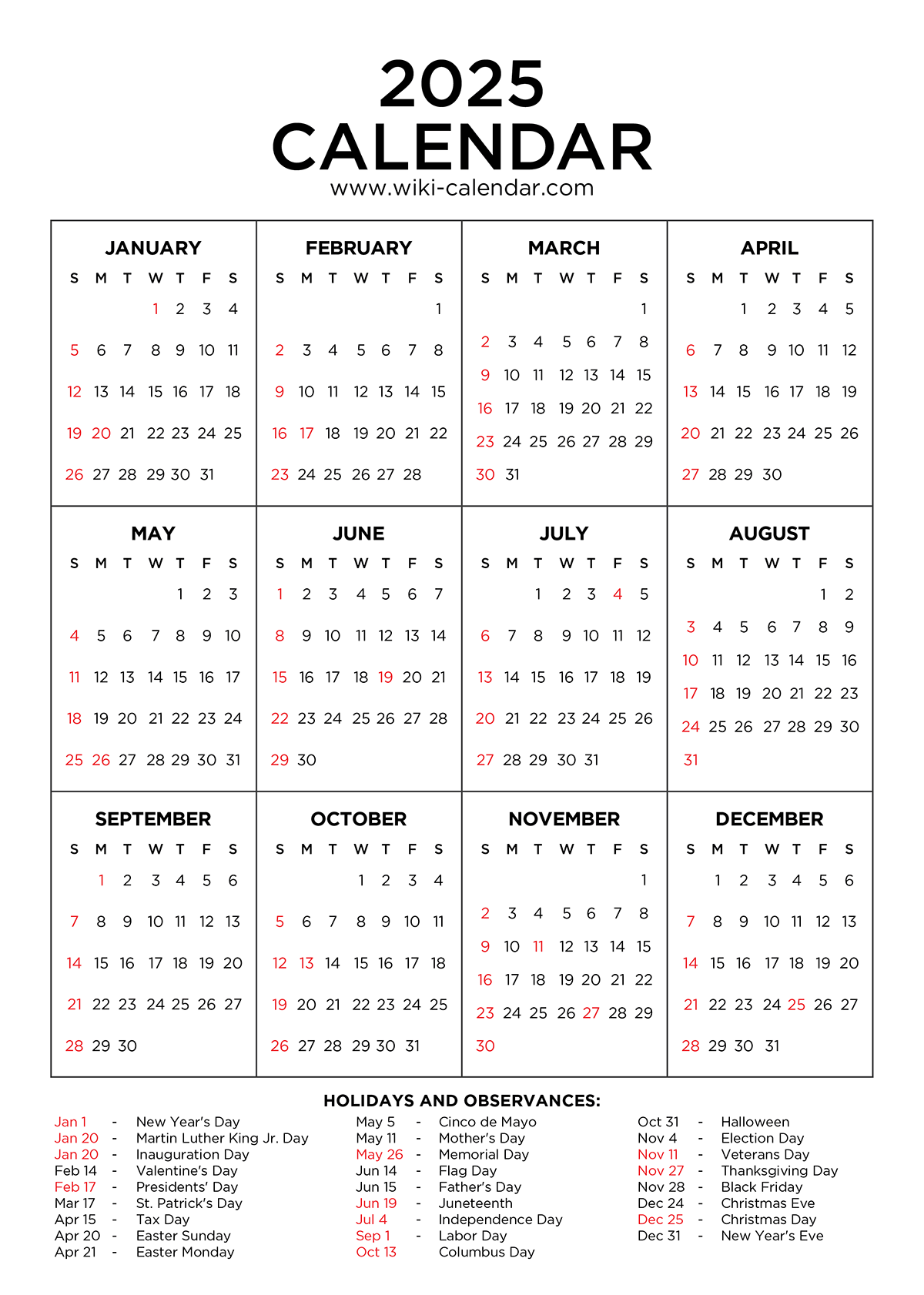 Year 2025 Calendar Printable