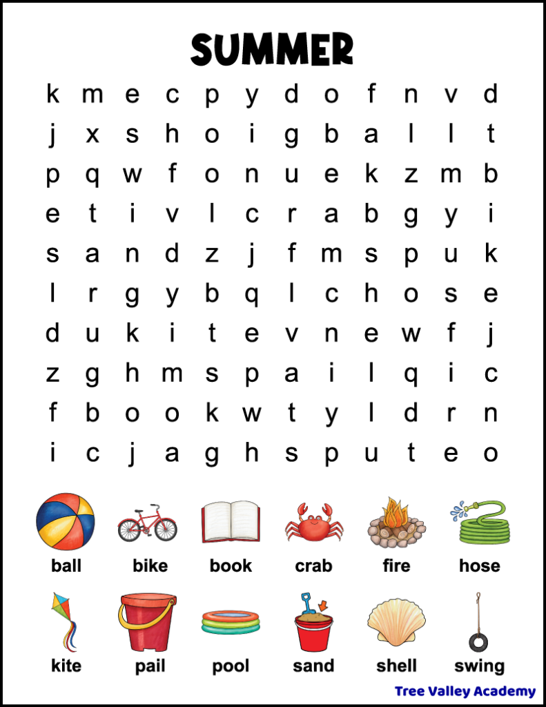 1st Grade Summer Word Search Tree Valley Academy