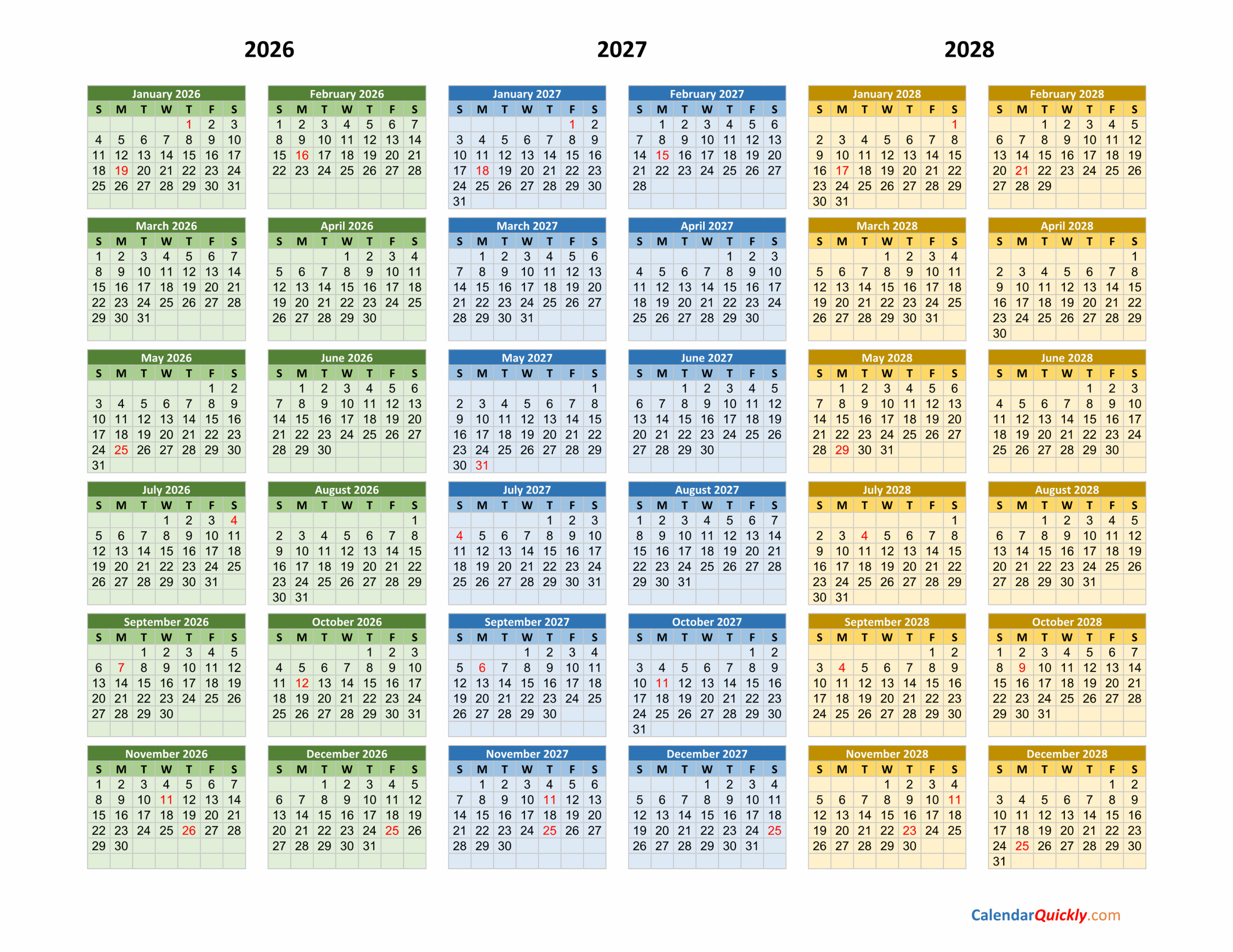 3 Year Calendar 2026 To 2027 Printable