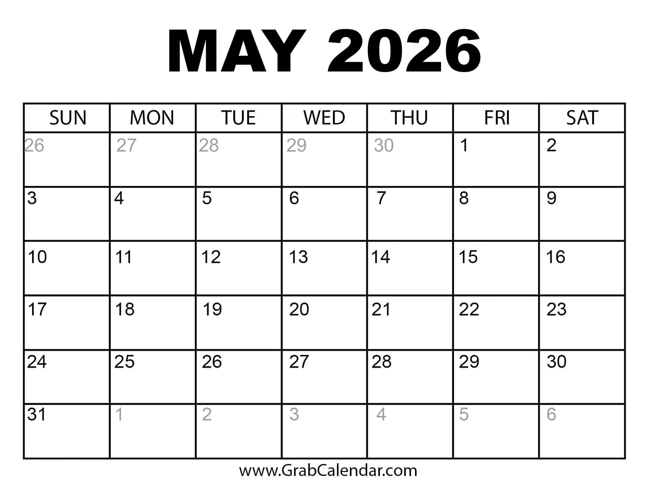 Blank Calendar For May 2026 Pdf