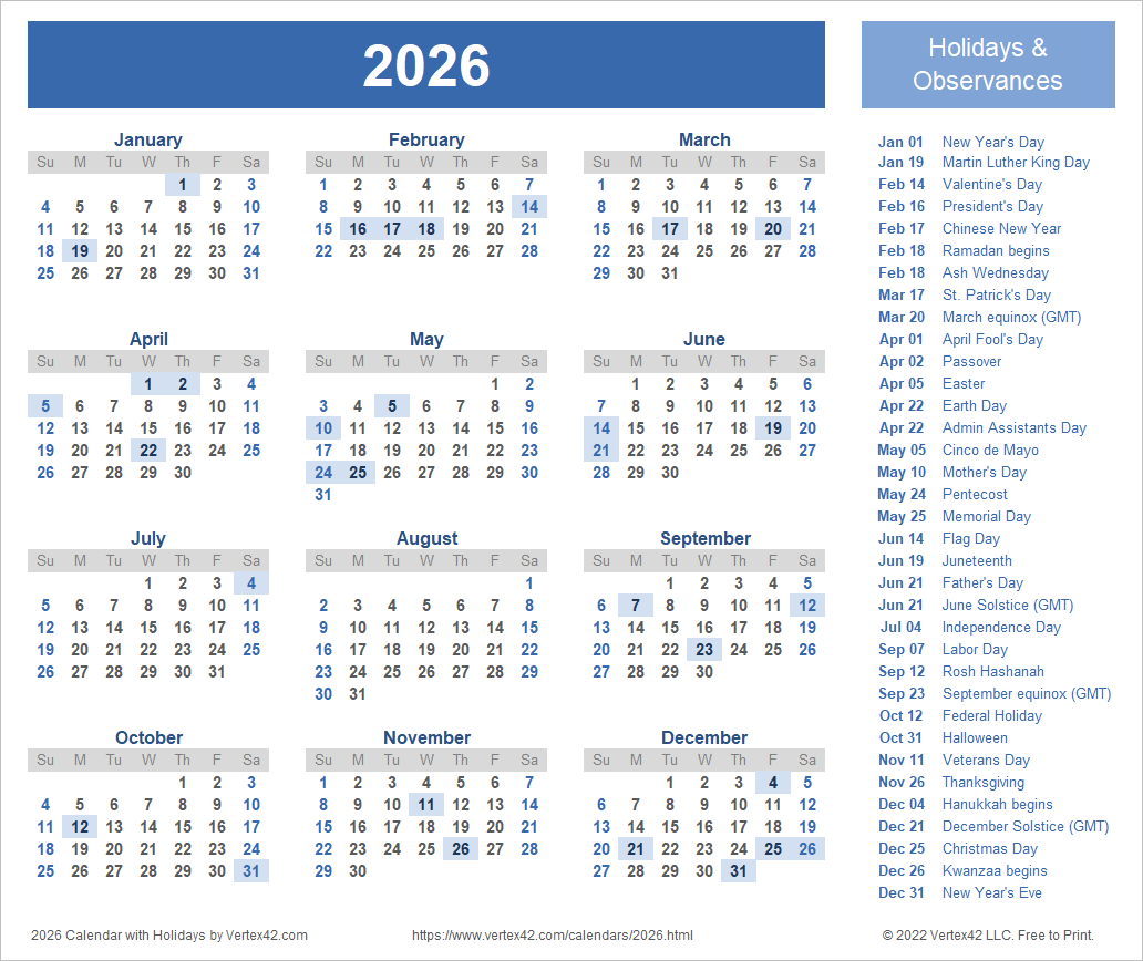 Calendar 2026 Printable Template
