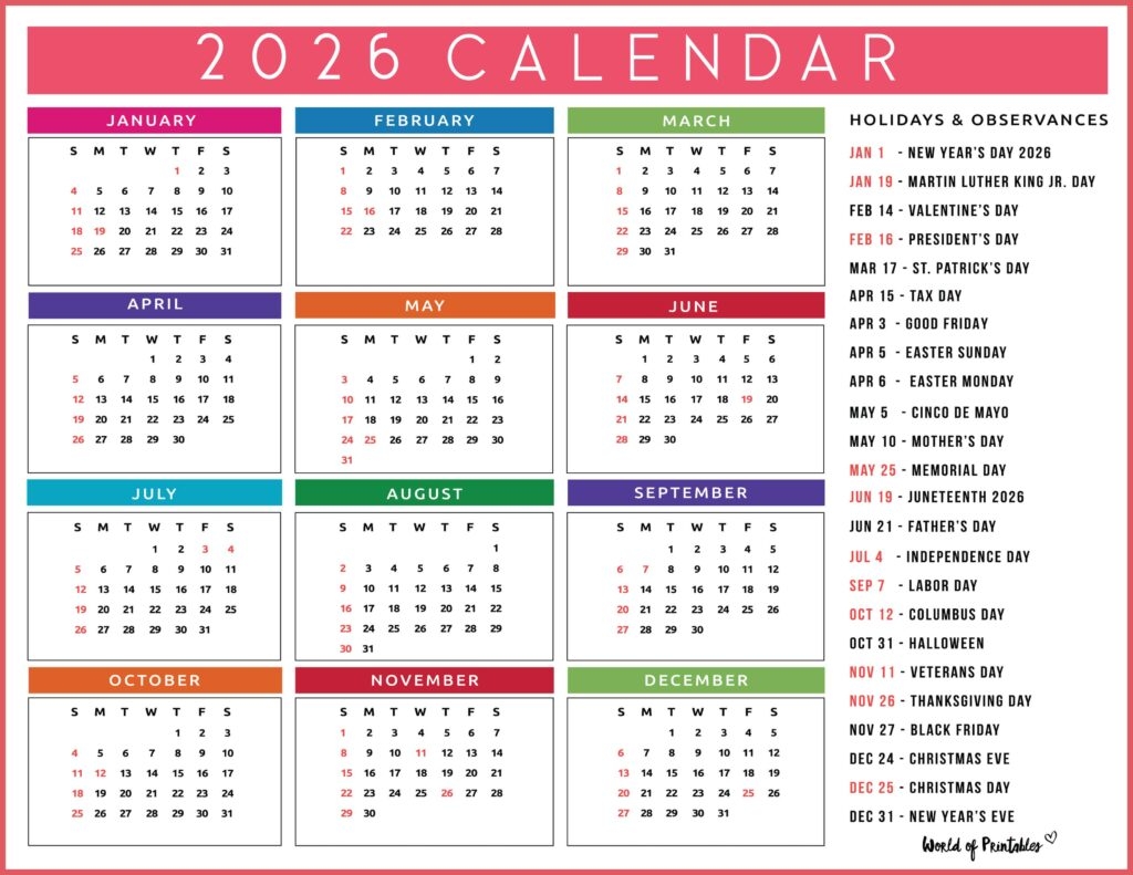 2026 Calendar Printable With Federal Holidays