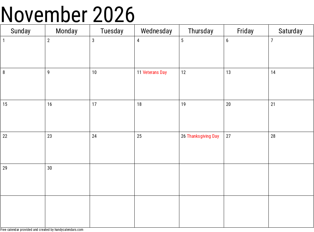 Free Printable Calendar For November 2026