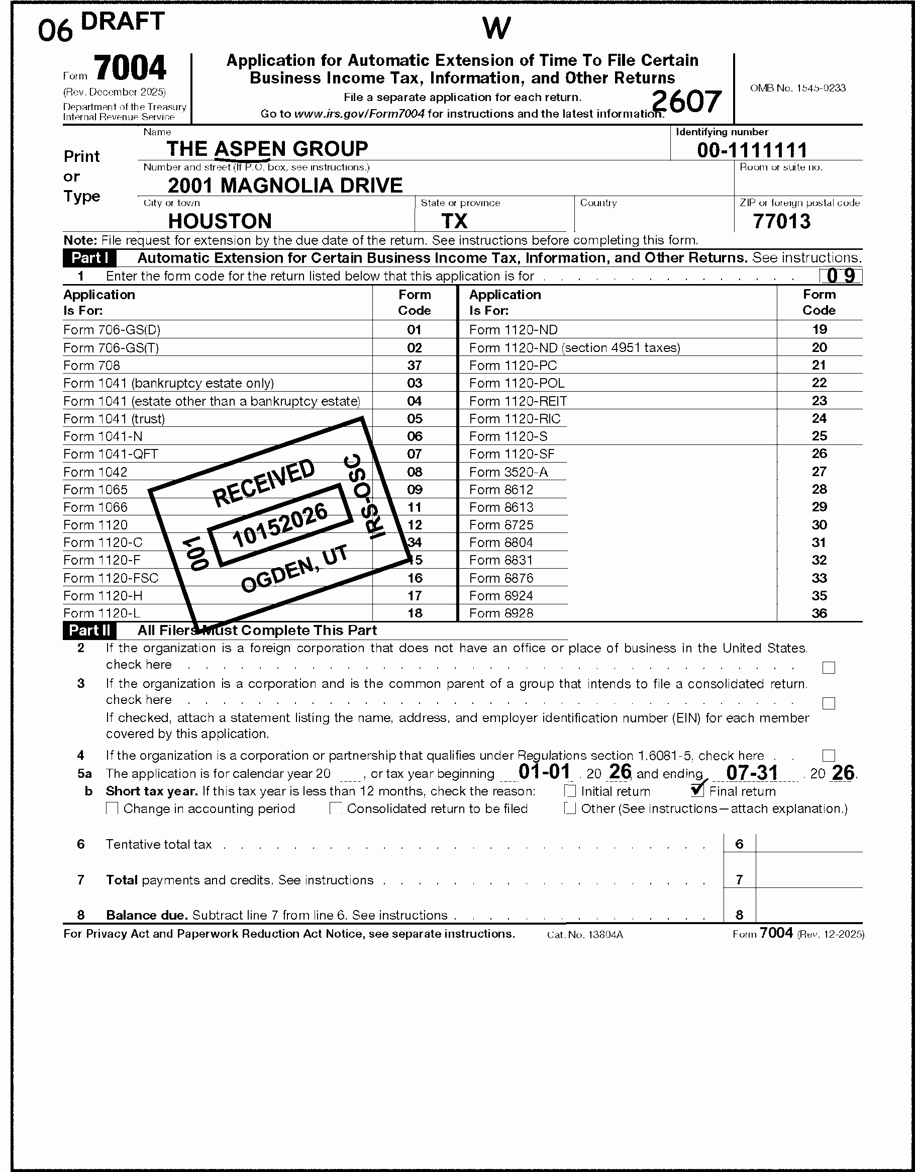 Irs Form 1120 Extension Of Time To File