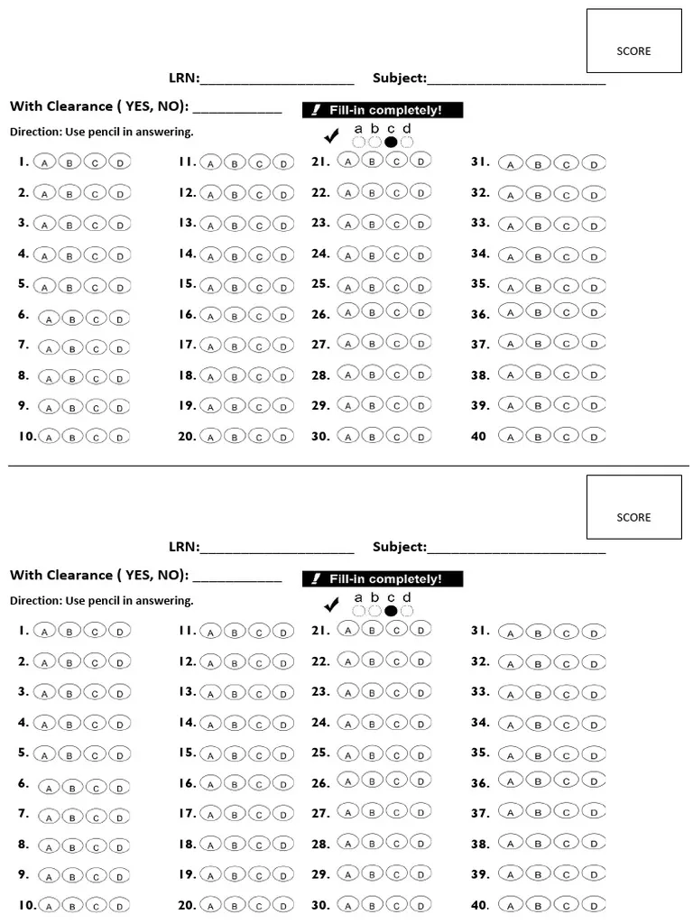 40 Items Bubble Sheet PDF