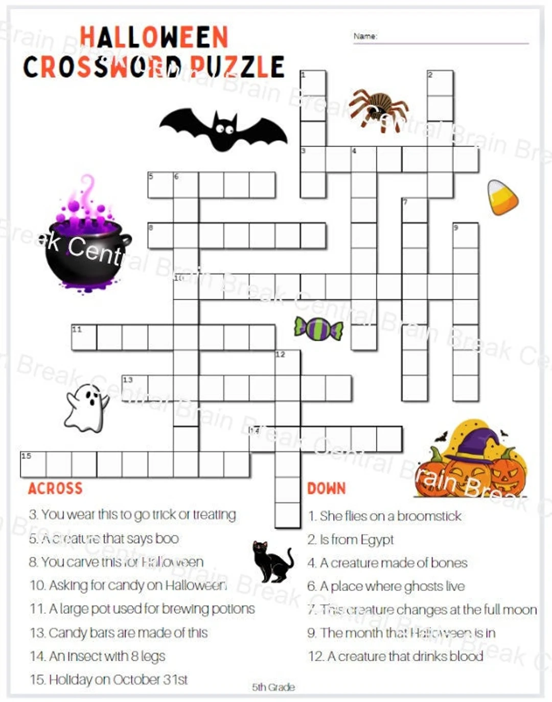 5th Grade Halloween Crossword Puzzle With Answer Key Etsy Canada