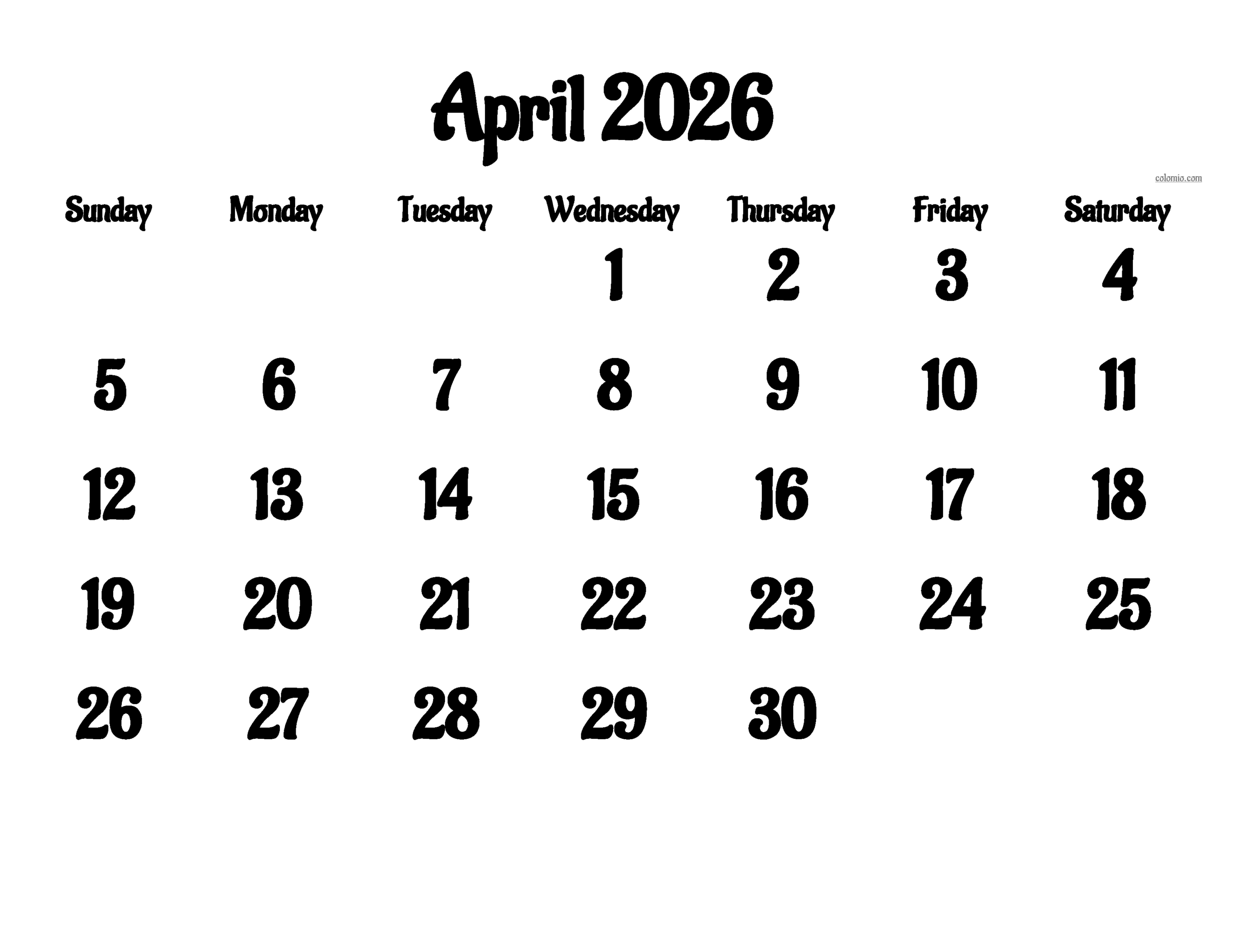 Calendar For April 2026