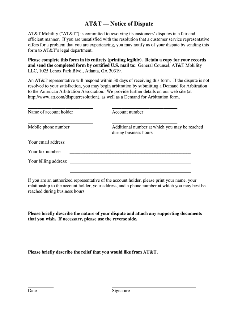 ATT Notice Of Dispute Form Fill Online Printable Fillable 