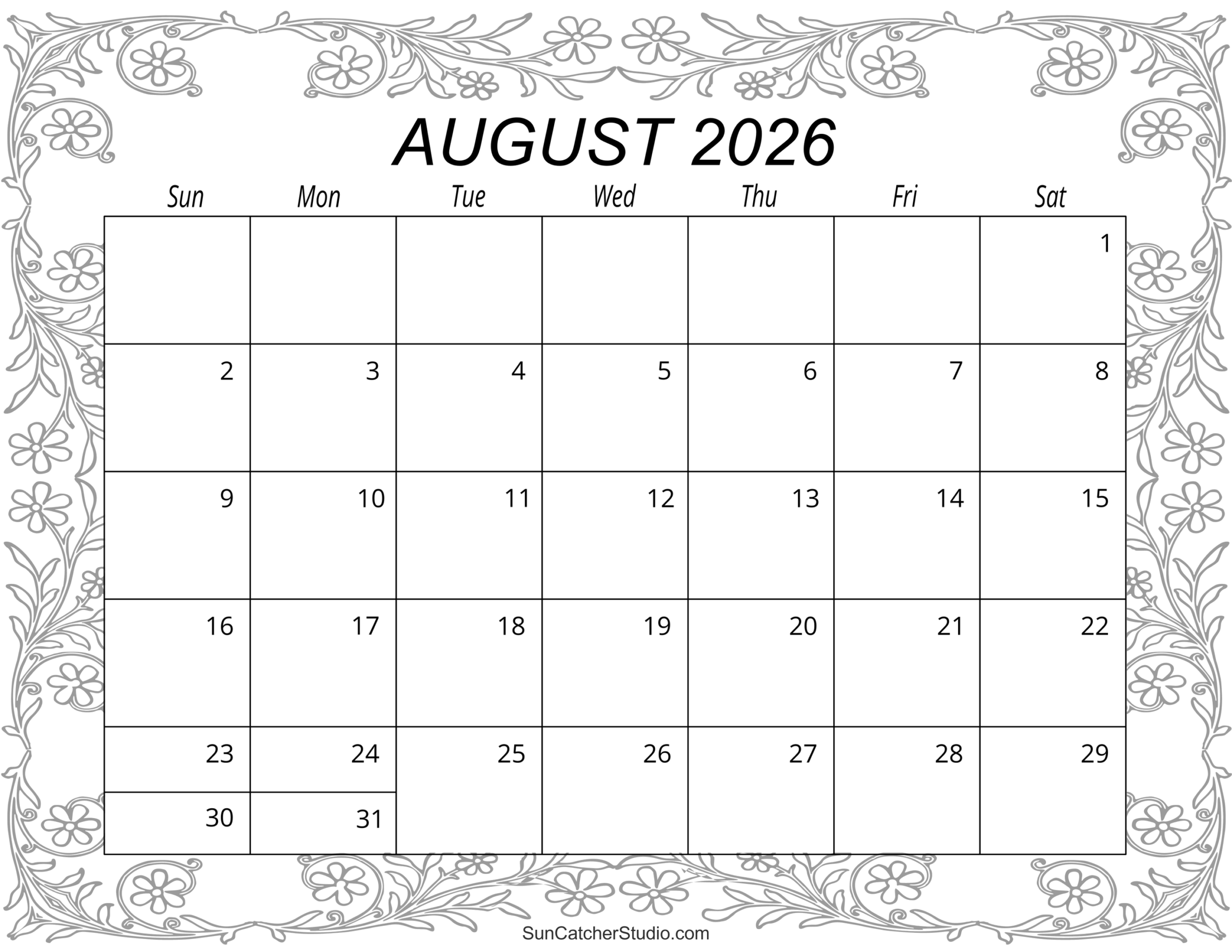Blank Calendar August 2026 Printable Pdf