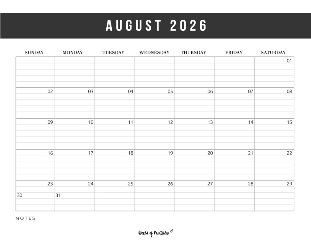 August 2026 Calendar Svg