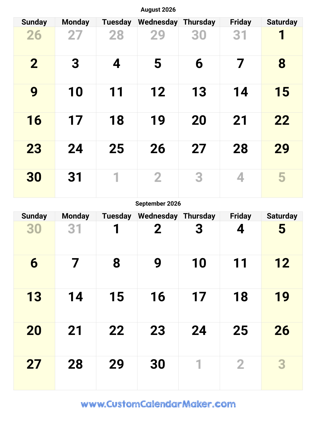 Printable Calendar August Through November 2026