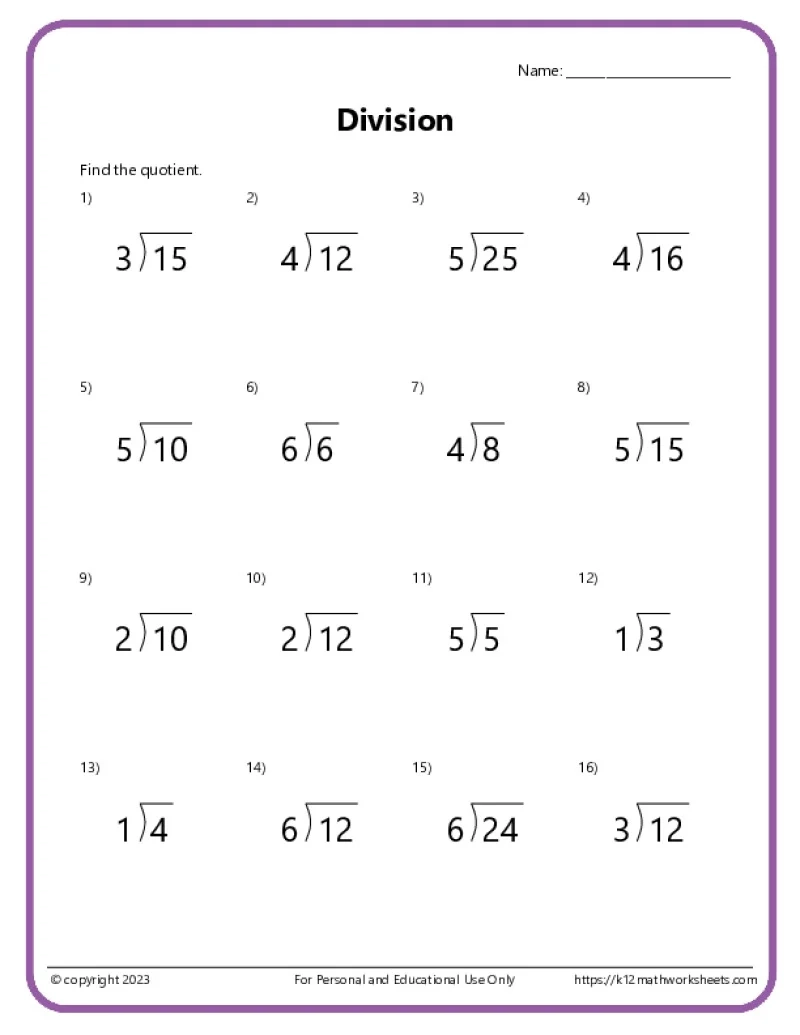 Free Printable Division Problems Worksheet