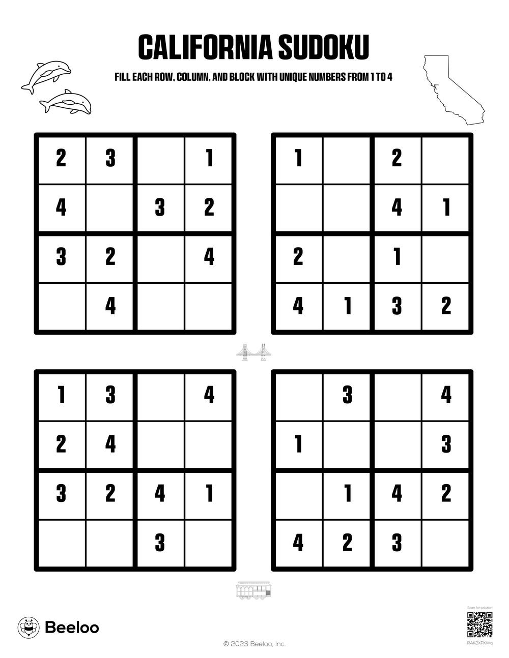 California themed Sudoku Puzzles Beeloo Printable Crafts And 