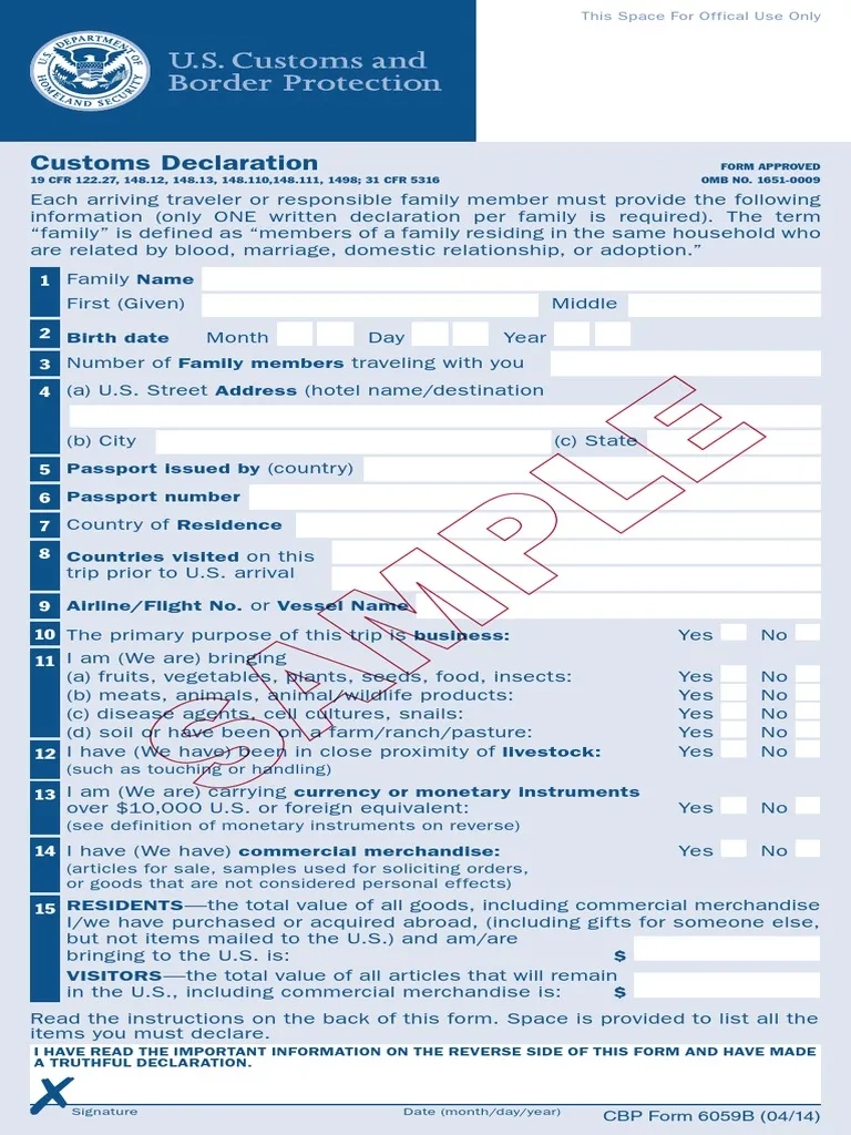 CBP Form 6059B English Sample Watermark PDF U S Customs And 