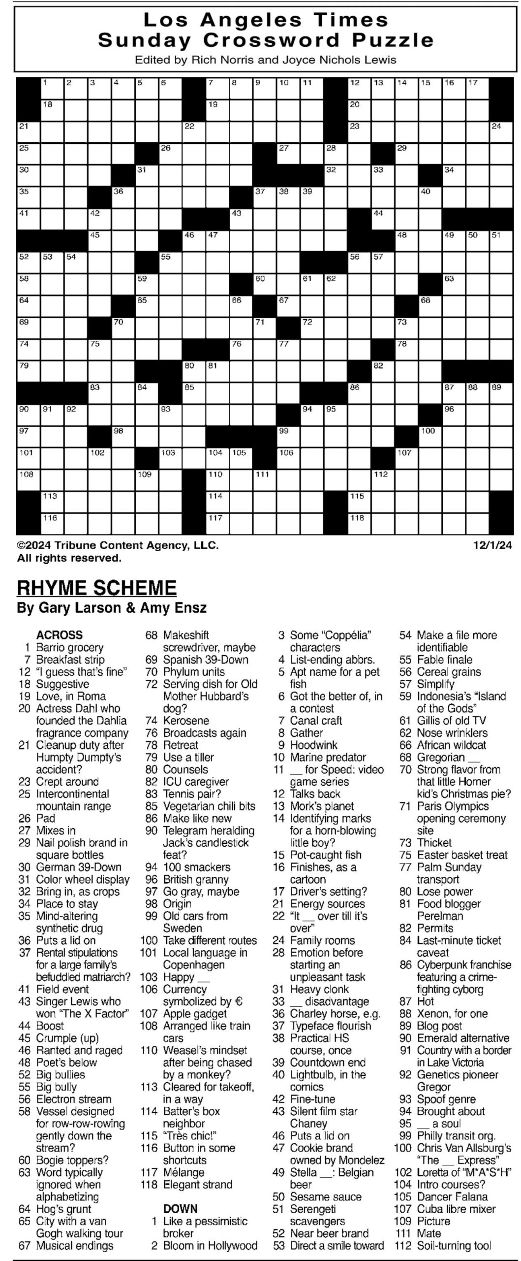 La Times Crossword Puzzles Printable Sunday