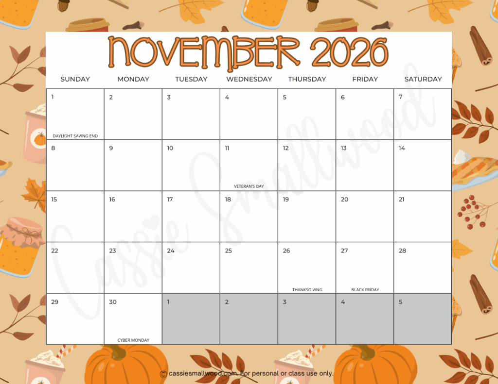 Cute November 2026 Calendar Printable