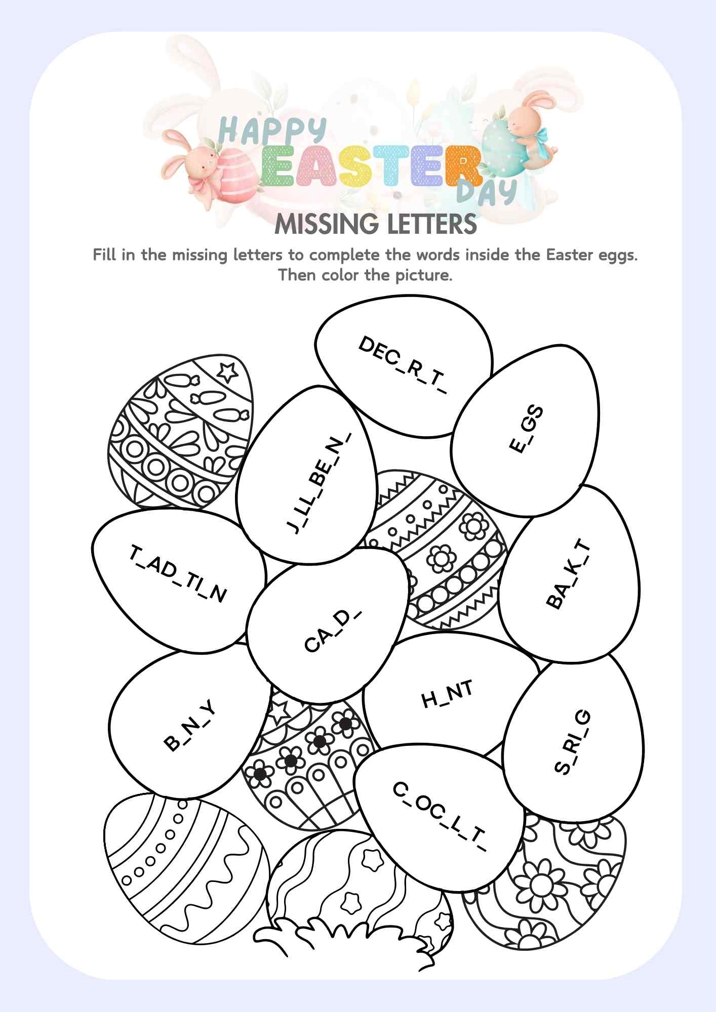 Easter Day Fill In The Missing Letters And Color Easter Eggs Free 