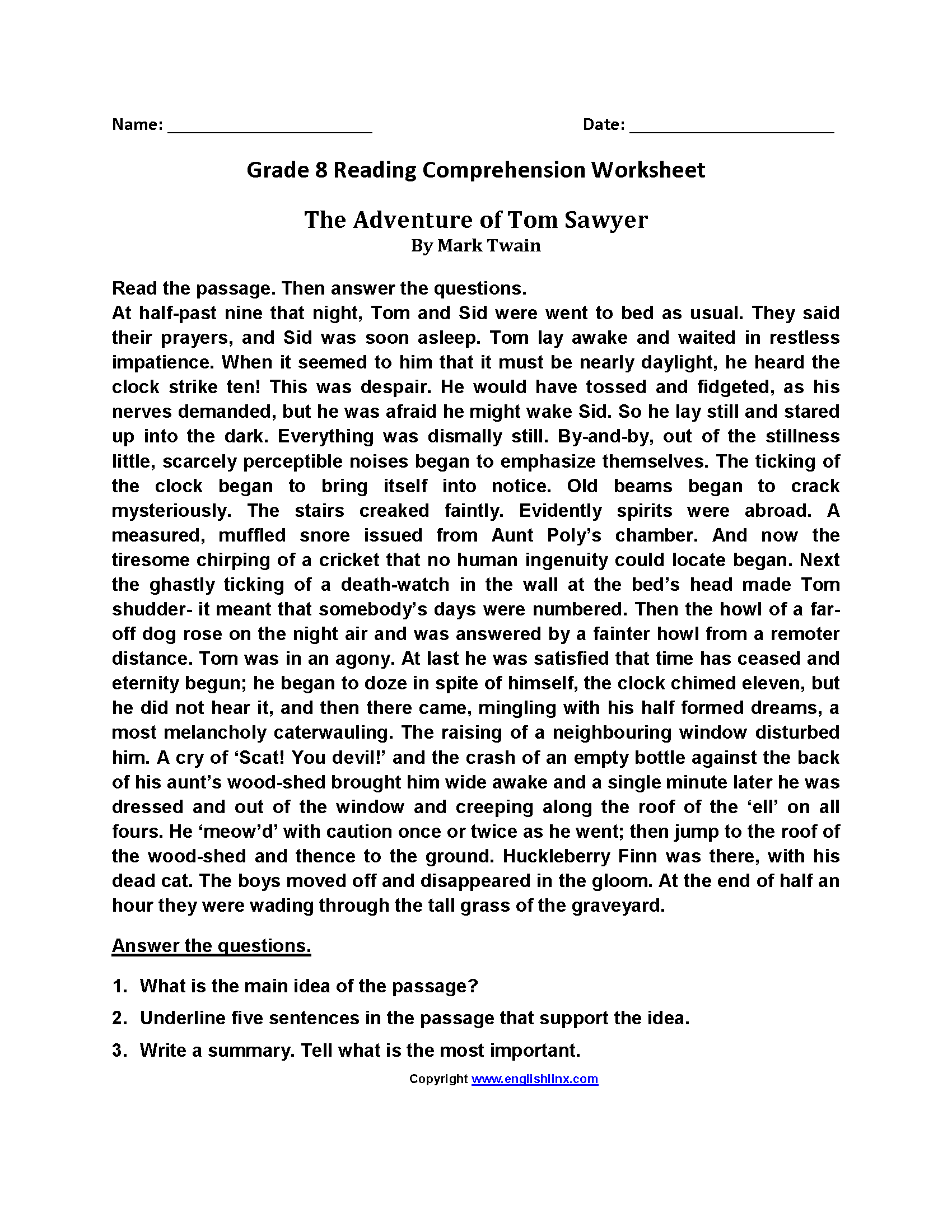 Eighth Grade Reading Worksheets Vocabulary amp Fluency Practice