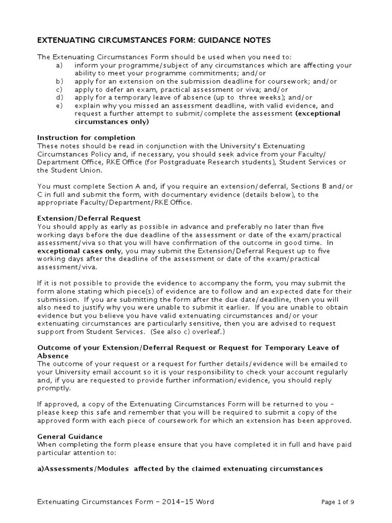 Extenuating Circumstances Form 2014 15 Word PDF Educational 