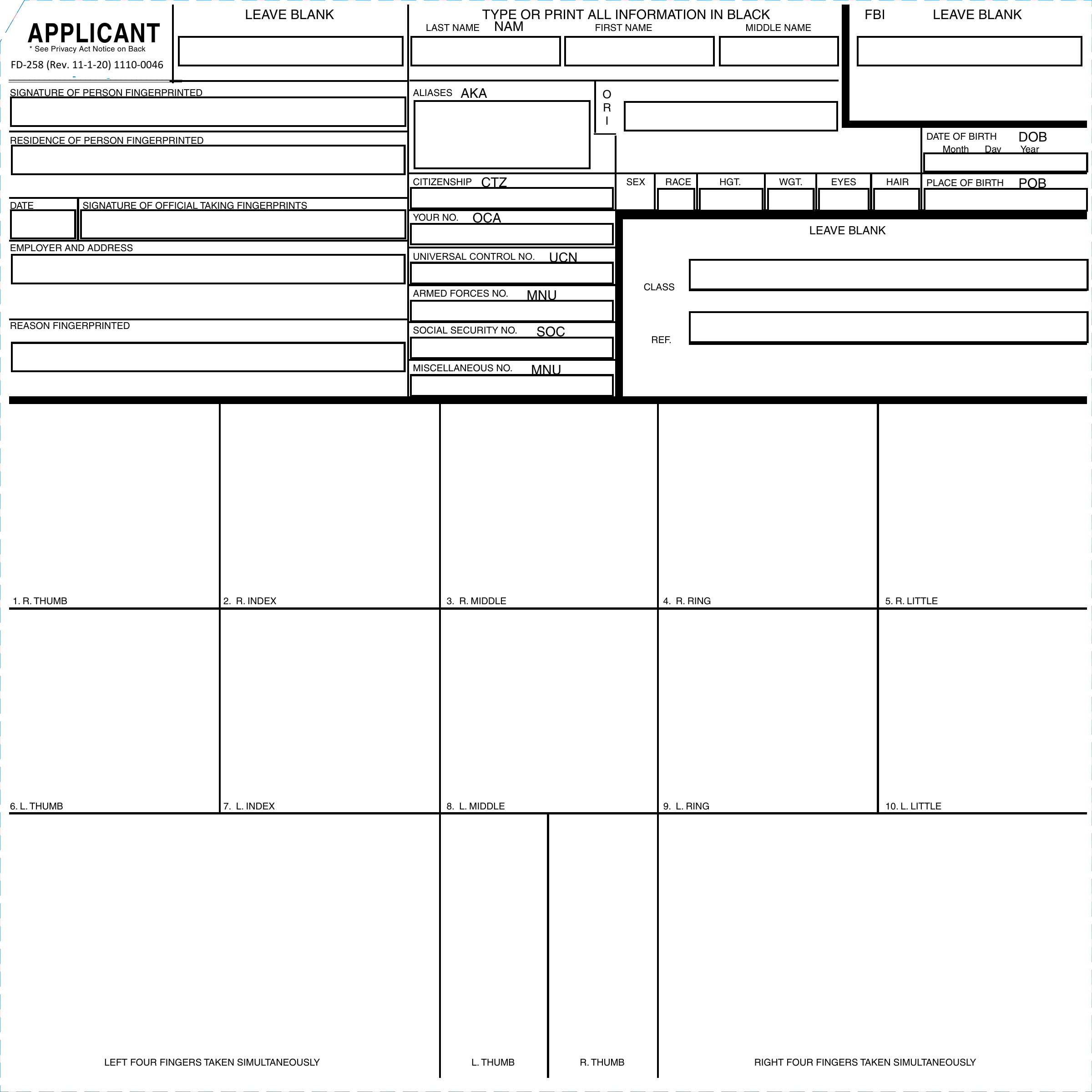 Fill Form FD 258 Applicant Fingerprint Card 2024 2025