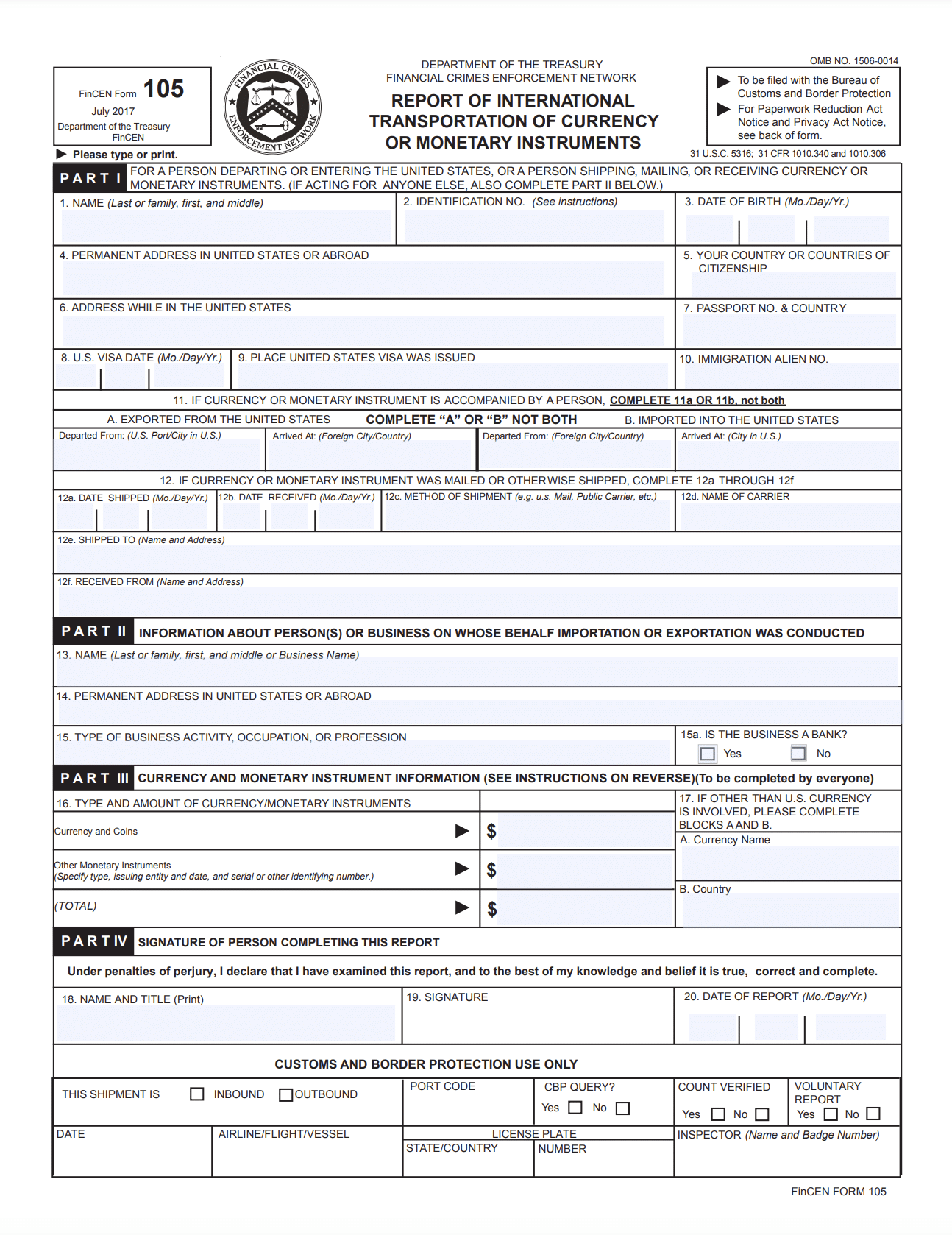 FinCEN Form 105 Transportation Of Currency International Tax