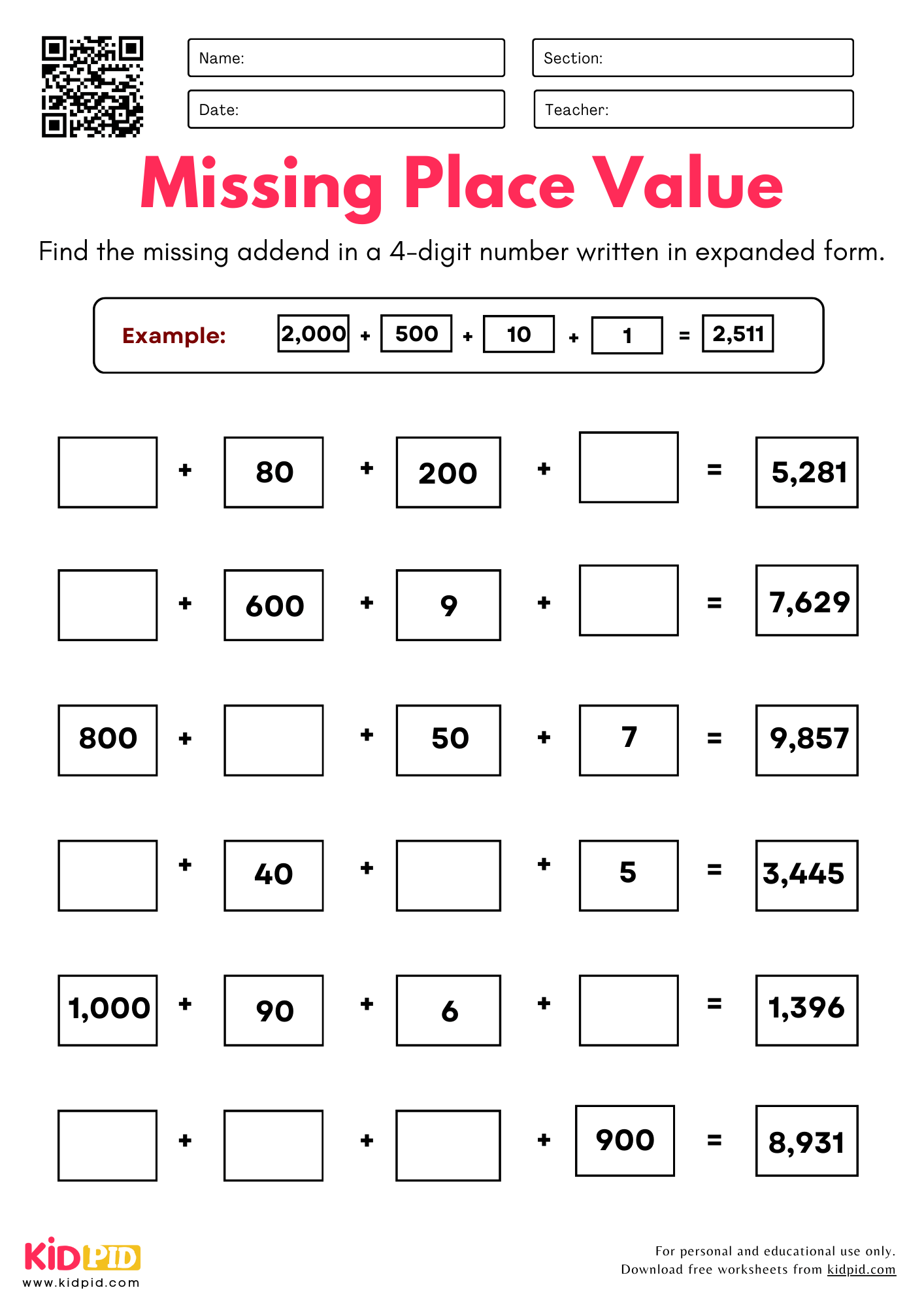Find Missing Place Value Worksheets For Grade 4 4 digits Kidpid