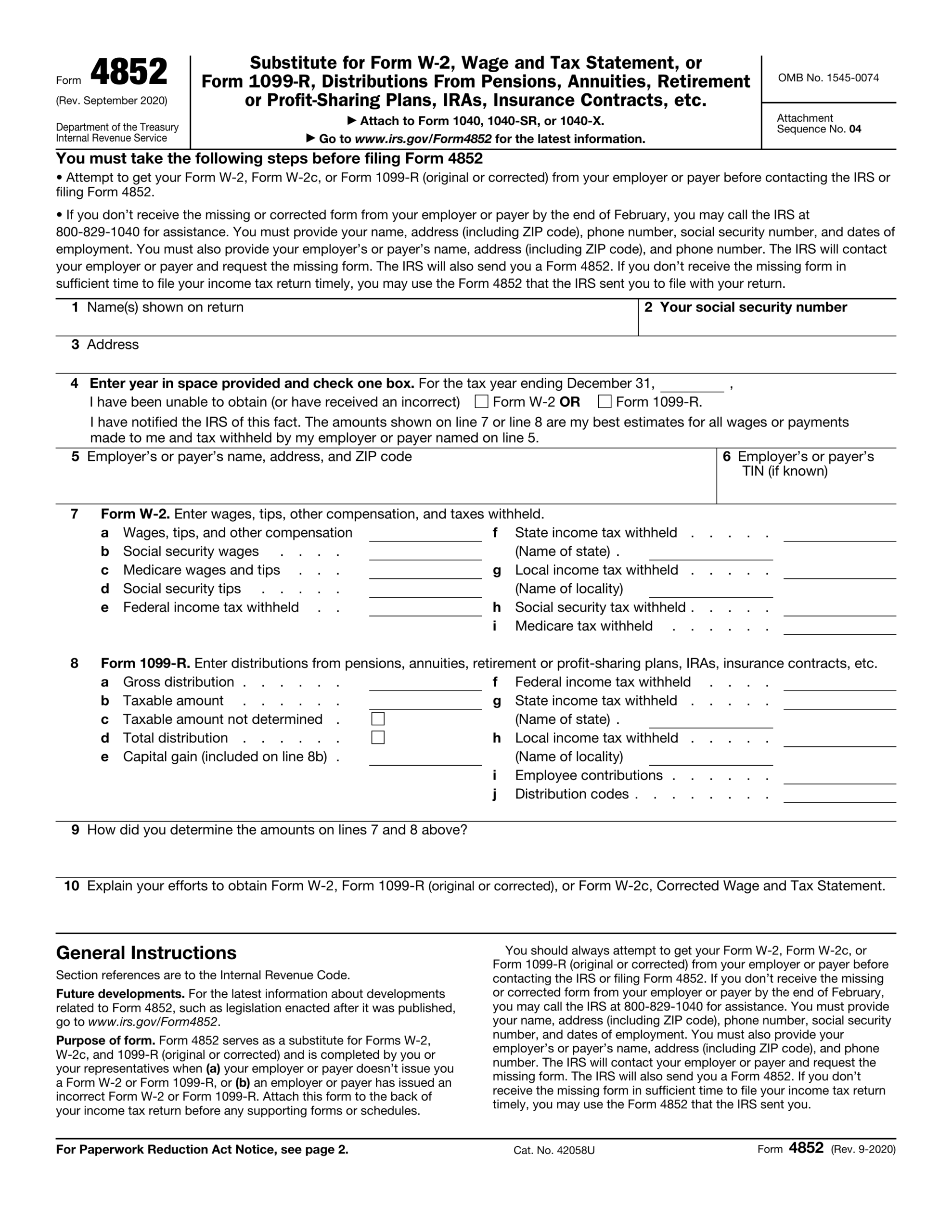 Form 4852 For 2024 2025 Fill Out And Download PDF Guru