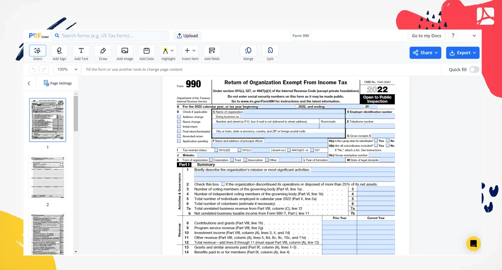 Form 990 2023 Printable Form 990 Blank Sign Forms Online PDFliner