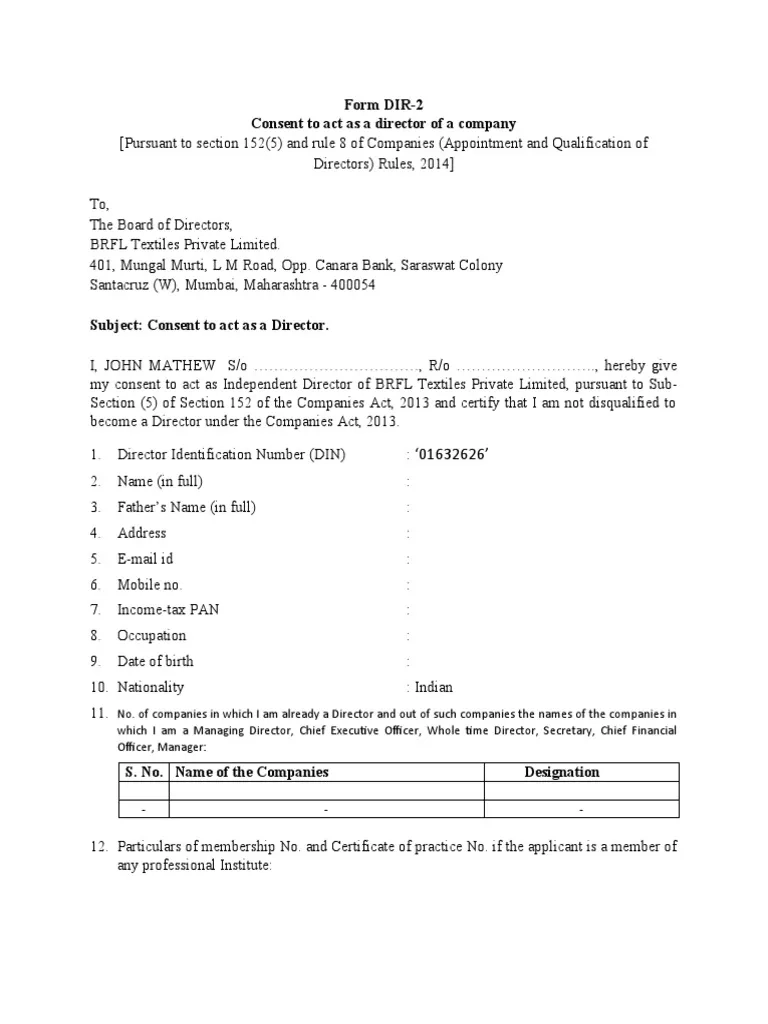Form DIR 2 Consent To Act As A Director Of A Company PDF Board 